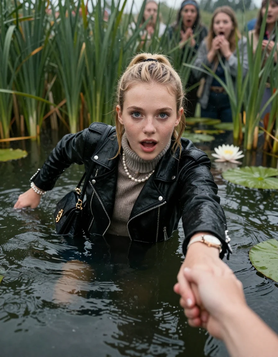 photo of young woman, in soaking wet, drenched clothes,
, , black biker leatherjacket,  knit turtleneck sweater, handbag, pearl necklace, bracelet, wristwatch , Emerging after diving in a lake with water lilies and reeds, rain , 
enjoying, wet clothes stuck to body,
detailed textures of the wet clothes, wet face, wet plastered hair,
wet, drenched, professional, high-quality details, full body view.
sharp focus, ultra-high pixel detail, realistic, high-quality, full colors, incredibly detailed, 4k, 8k, 16k, hyper-realistic, RAW photo, masterpiece, ultra-detailed, professionally color graded, professional photograph, blonde Sleek long ponytail with hairband

19 years old  teenage girl

open mouth, big eyes. 0ne hand in the water, hold with the other the female viewer's hand, pulling them toward the center of the water. Laying her breast and arms on the surface.  Whole body and shoulders are submerged under the surface.

she is completely underwater up to her neck and is in danger of going under.
She hides in the reeds and is surprised by shocked female spectators.

her submerged clothes are hardly vusible under water, she soaked her handbag into the water

close up view, wet skin, wet clothes, wet hair, damp fabric, water runs down the clothes, wet skin, wet clothes, damp fabric, wet skin, wet clothes, damp fabric, wet skin, wet clothes, damp fabric, wet skin, wet clothes, damp fabric, wet skin, wet clothes, damp fabric, wet skin, wet clothes, damp fabric, wet skin, wet clothes, damp fabric, wet skin, wet clothes, damp fabric, wet skin, wet clothes, damp fabric, wet skin, wet clothes, damp fabric, wet skin, wet clothes, damp fabric, wet skin, wet clothes, damp fabric, wet skin, wet clothes, damp fabric, wet skin, wet clothes, damp fabric, wet skin, wet clothes, damp fabric, wet skin, wet clothes, damp fabric, wet skin, wet clothes, damp fabric, wet skin, wet clothes, damp fabric