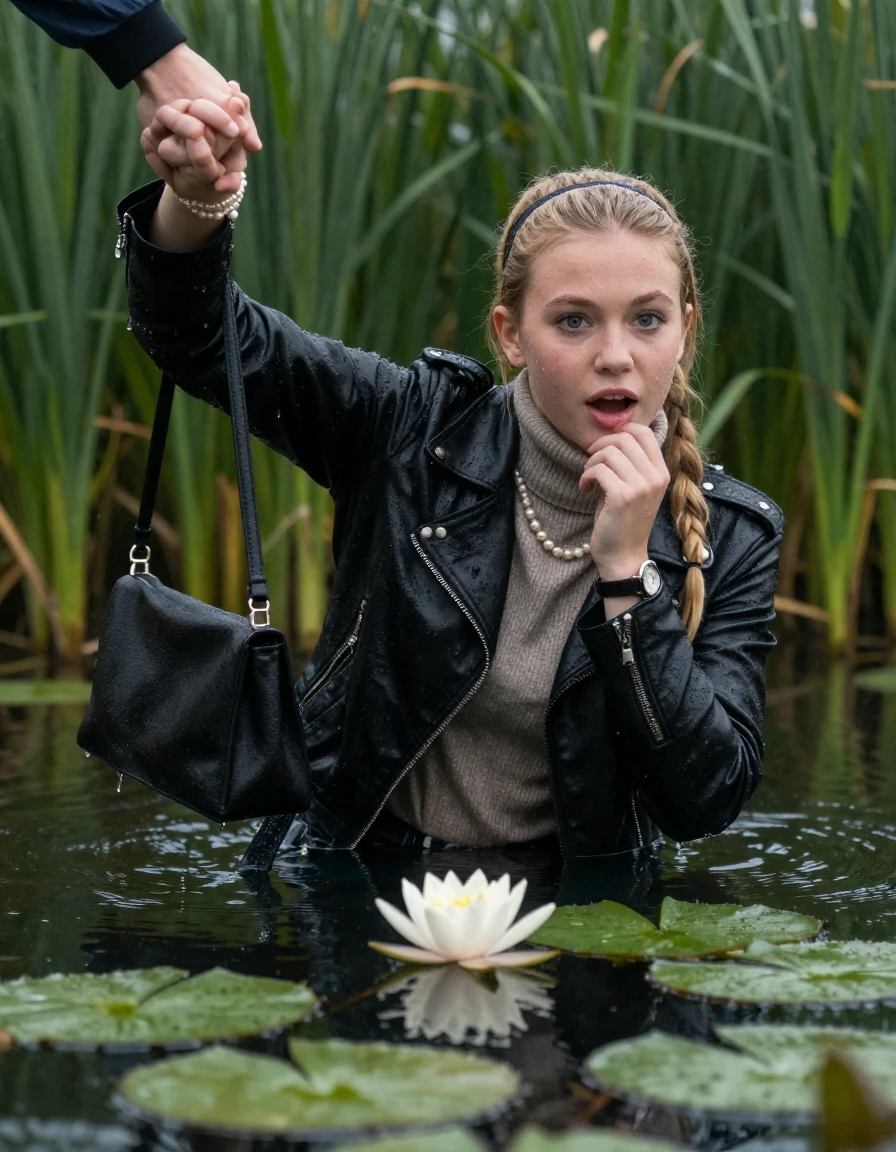 photo of young woman, in soaking wet, drenched clothes,
, , black biker leatherjacket,  knit turtleneck sweater, handbag, pearl necklace, bracelet, wristwatch , Emerging after diving in a lake with water lilies and reeds, rain , 
enjoying, wet clothes stuck to body,
detailed textures of the wet clothes, wet face, wet plastered hair,
wet, drenched, professional, high-quality details, full body view.
sharp focus, ultra-high pixel detail, realistic, high-quality, full colors, incredibly detailed, 4k, 8k, 16k, hyper-realistic, RAW photo, masterpiece, ultra-detailed, professionally color graded, professional photograph, blonde Sleek long ponytail with hairband

19 years old  teenage girl

open mouth, big eyes. 0ne hand on chin, hold with the other her friends hand, pulling them toward the center of the water. Laying her breast and arms on the surface.  Whole body and shoulders are submerged under the surface. Looking at camera.

she is completely underwater up to her neck,  gasping expression.

She hides in the reeds and is surprised by spectators

her submerged clothes are hardly vusible under water, she soaked her handbag into the water

close up view, wet skin, wet clothes, wet hair, damp fabric, water runs down the clothes, wet skin, wet clothes, damp fabric, wet skin, wet clothes, damp fabric, wet skin, wet clothes, damp fabric, wet skin, wet clothes, damp fabric, wet skin, wet clothes, damp fabric, wet skin, wet clothes, damp fabric, wet skin, wet clothes, damp fabric, wet skin, wet clothes, damp fabric, wet skin, wet clothes, damp fabric, wet skin, wet clothes, damp fabric, wet skin, wet clothes, damp fabric, wet skin, wet clothes, damp fabric, wet skin, wet clothes, damp fabric, wet skin, wet clothes, damp fabric, wet skin, wet clothes, damp fabric, wet skin, wet clothes, damp fabric, wet skin, wet clothes, damp fabric, wet skin, wet clothes, damp fabric
