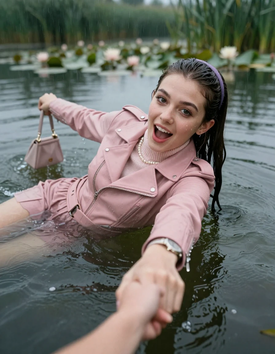 photo of young woman, in soaking wet, drenched clothes,
, , light pink biker leatherjacket,  knit turtleneck sweater, handbag, pearl necklace, bracelet, wristwatch , Emerging after diving in a lake with water lilies and reeds, rain , 
enjoying, wet clothes stuck to body,
detailed textures of the wet clothes, wet face, wet plastered hair,
wet, drenched, professional, high-quality details, full body view.
sharp focus, ultra-high pixel detail, realistic, high-quality, full colors, incredibly detailed, 4k, 8k, 16k, hyper-realistic, RAW photo, masterpiece, ultra-detailed, professionally color graded, professional photograph, brunette Sleek long ponytail with hairband

19 years old  teenage girl, horny and joyful  expression.

open mouth, big eyes. hold with her hands the female viewer's hand, pulling them toward the center of the water. Laying her breast and arms on the surface.  Whole body and shoulders are submerged under the surface.

she is completely underwater up to her neck. leaning slightly backwards.

her submerged clothes are hardly vusible under water, she soaked her handbag into the water

close up view, wet skin, wet clothes, wet hair, damp fabric, water runs down the clothes, wet skin, wet clothes, damp fabric, wet skin, wet clothes, damp fabric, wet skin, wet clothes, damp fabric, wet skin, wet clothes, damp fabric, wet skin, wet clothes, damp fabric, wet skin, wet clothes, damp fabric, wet skin, wet clothes, damp fabric, wet skin, wet clothes, damp fabric, wet skin, wet clothes, damp fabric, wet skin, wet clothes, damp fabric, wet skin, wet clothes, damp fabric, wet skin, wet clothes, damp fabric, wet skin, wet clothes, damp fabric, wet skin, wet clothes, damp fabric, wet skin, wet clothes, damp fabric, wet skin, wet clothes, damp fabric, wet skin, wet clothes, damp fabric, wet skin, wet clothes, damp fabric