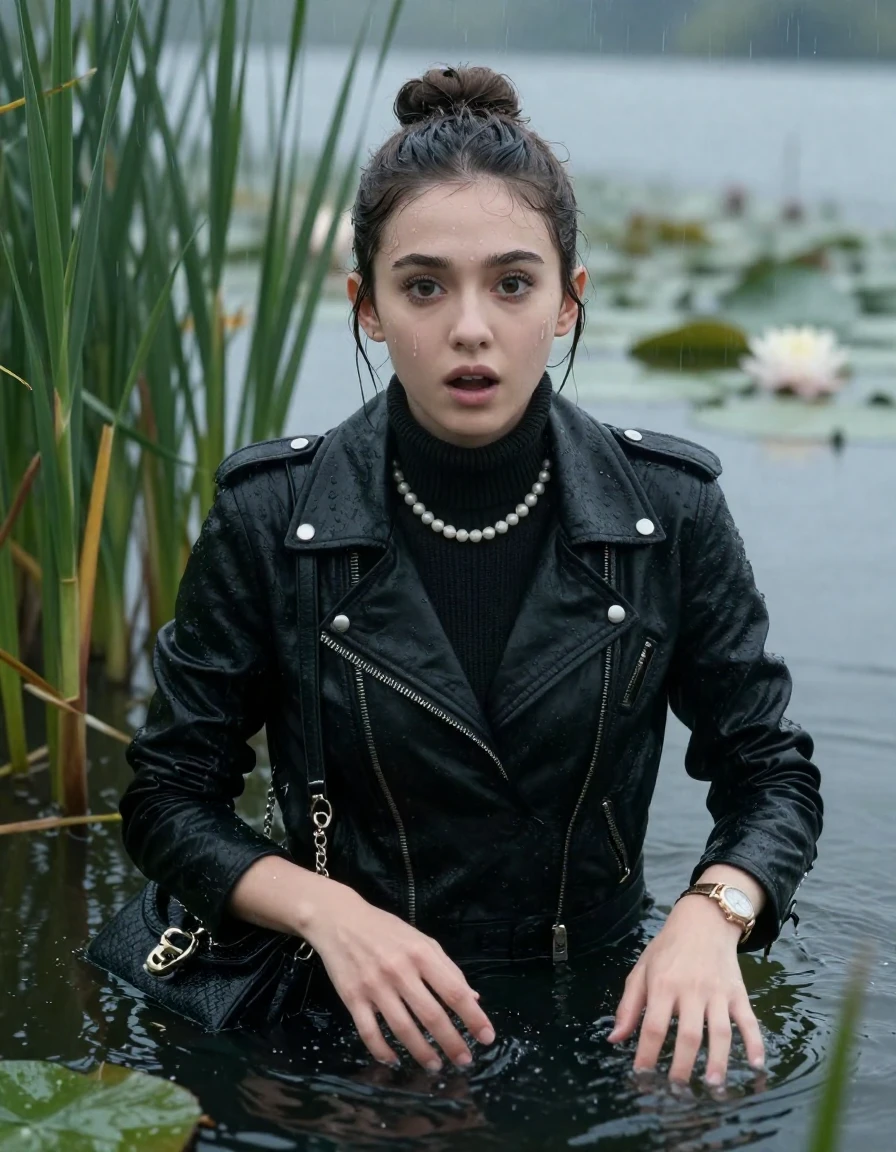 photo of young woman, in soaking wet, drenched clothes,
, , black biker leatherjacket,  knit turtleneck sweater, handbag, pearl necklace, bracelet, wristwatch , Emerging after diving in a lake with water lilies and reeds, rain , 
enjoying, wet clothes stuck to body,
detailed textures of the wet clothes, wet face, wet plastered hair,
wet, drenched, professional, high-quality details, full body view.
sharp focus, ultra-high pixel detail, realistic, high-quality, full colors, incredibly detailed, 4k, 8k, 16k, hyper-realistic, RAW photo, masterpiece, ultra-detailed, professionally color graded, professional photograph, Sleek bun 

19 years old  teenage girl

open mouth, big eyes, Laying her breast and arms on the surface.  Whole body and shoulders are submerged under the surface. Looking at camera.

she is completely underwater up to her neck, afraid and astonished expression.

She hides in the reeds and is surprised by spectators

her submerged clothes are hardly vusible under water, she soaked her handbag into the water

close up view, wet skin, wet clothes, wet hair, damp fabric, water runs down the clothes, wet skin, wet clothes, damp fabric, wet skin, wet clothes, damp fabric, wet skin, wet clothes, damp fabric, wet skin, wet clothes, damp fabric, wet skin, wet clothes, damp fabric, wet skin, wet clothes, damp fabric, wet skin, wet clothes, damp fabric, wet skin, wet clothes, damp fabric, wet skin, wet clothes, damp fabric, wet skin, wet clothes, damp fabric, wet skin, wet clothes, damp fabric, wet skin, wet clothes, damp fabric, wet skin, wet clothes, damp fabric, wet skin, wet clothes, damp fabric, wet skin, wet clothes, damp fabric, wet skin, wet clothes, damp fabric, wet skin, wet clothes, damp fabric