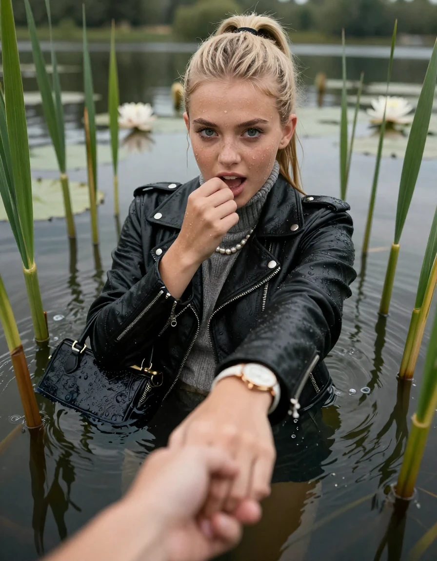 photo of young woman, in soaking wet, drenched clothes,
, , black biker leatherjacket,  knit turtleneck sweater, handbag, pearl necklace, bracelet, wristwatch , Emerging after diving in a lake with water lilies and reeds, 
enjoying, wet clothes stuck to body,
detailed textures of the wet clothes, wet face, wet plastered hair,
wet, drenched, professional, high-quality details, full body view.
sharp focus, ultra-high pixel detail, realistic, high-quality, full colors, incredibly detailed, 4k, 8k, 16k, hyper-realistic, RAW photo, masterpiece, ultra-detailed, professionally color graded, professional photograph, blonde Sleek long ponytail with hairband

15 years old  teenage girl

open mouth, big eyes. 0ne hand with her fingers inside her mouth, hold with the other the viewer's hand, pulling them toward the center of the water. Laying her breast and arms on the surface.  Whole body and shoulders are submerged under the surface. Looking at camera.

she is completely underwater up to her neck,  horny and sexuell aroused expression.

She hides in the reeds.

her submerged clothes are hardly vusible under water, she soaked her handbag into the water

close up view, wet skin, wet clothes, wet hair, damp fabric, water runs down the clothes, wet skin, wet clothes, damp fabric, wet skin, wet clothes, damp fabric, wet skin, wet clothes, damp fabric, wet skin, wet clothes, damp fabric, wet skin, wet clothes, damp fabric, wet skin, wet clothes, damp fabric, wet skin, wet clothes, damp fabric, wet skin, wet clothes, damp fabric, wet skin, wet clothes, damp fabric, wet skin, wet clothes, damp fabric, wet skin, wet clothes, damp fabric, wet skin, wet clothes, damp fabric, wet skin, wet clothes, damp fabric, wet skin, wet clothes, damp fabric, wet skin, wet clothes, damp fabric, wet skin, wet clothes, damp fabric, wet skin, wet clothes, damp fabric, wet skin, wet clothes, damp fabric, wet skin, wet clothes, damp fabric