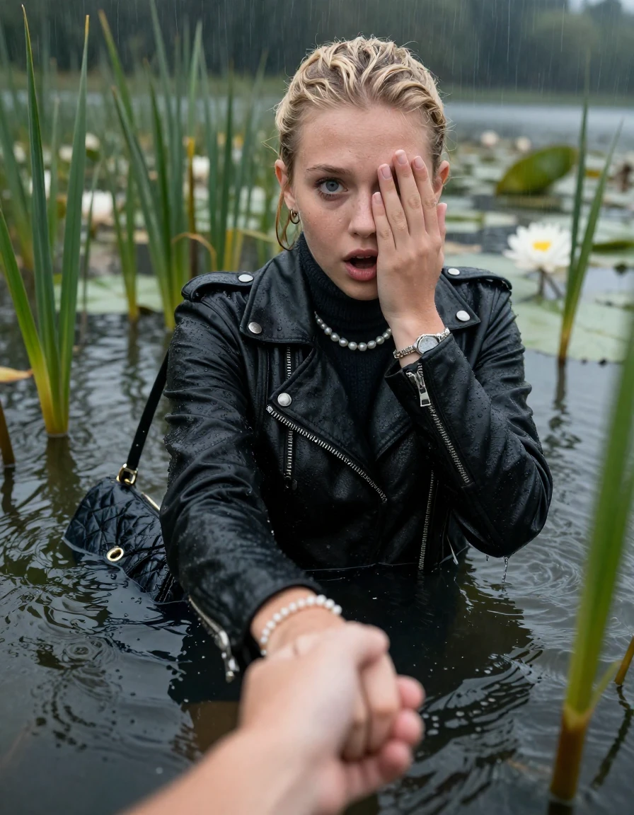 photo of young woman, in soaking wet, drenched clothes,
, , black biker leatherjacket,  knit turtleneck sweater, handbag, pearl necklace, bracelet, wristwatch , Emerging after diving in a lake with water lilies and reeds, rain , 
enjoying, wet clothes stuck to body,
detailed textures of the wet clothes, wet face, wet plastered hair,
wet, drenched, professional, high-quality details, full body view.
sharp focus, ultra-high pixel detail, realistic, high-quality, full colors, incredibly detailed, 4k, 8k, 16k, hyper-realistic, RAW photo, masterpiece, ultra-detailed, professionally color graded, professional photograph, blonde Sleek bun 

19 years old  teenage girl

open mouth, big eyes. 0ne hand over face, hold with the other the viewer's hand, pulling them toward the center of the water. Laying her breast and arms on the surface.  Whole body and shoulders are submerged under the surface. Looking at camera.

she is completely underwater up to her neck,  stupified shocked expression.

She hides in the reeds and is surprised by spectators

her submerged clothes are hardly vusible under water, she soaked her handbag into the water

close up view, wet skin, wet clothes, wet hair, damp fabric, water runs down the clothes, wet skin, wet clothes, damp fabric, wet skin, wet clothes, damp fabric, wet skin, wet clothes, damp fabric, wet skin, wet clothes, damp fabric, wet skin, wet clothes, damp fabric, wet skin, wet clothes, damp fabric, wet skin, wet clothes, damp fabric, wet skin, wet clothes, damp fabric, wet skin, wet clothes, damp fabric, wet skin, wet clothes, damp fabric, wet skin, wet clothes, damp fabric, wet skin, wet clothes, damp fabric, wet skin, wet clothes, damp fabric, wet skin, wet clothes, damp fabric, wet skin, wet clothes, damp fabric, wet skin, wet clothes, damp fabric, wet skin, wet clothes, damp fabric, wet skin, wet clothes, damp fabric
