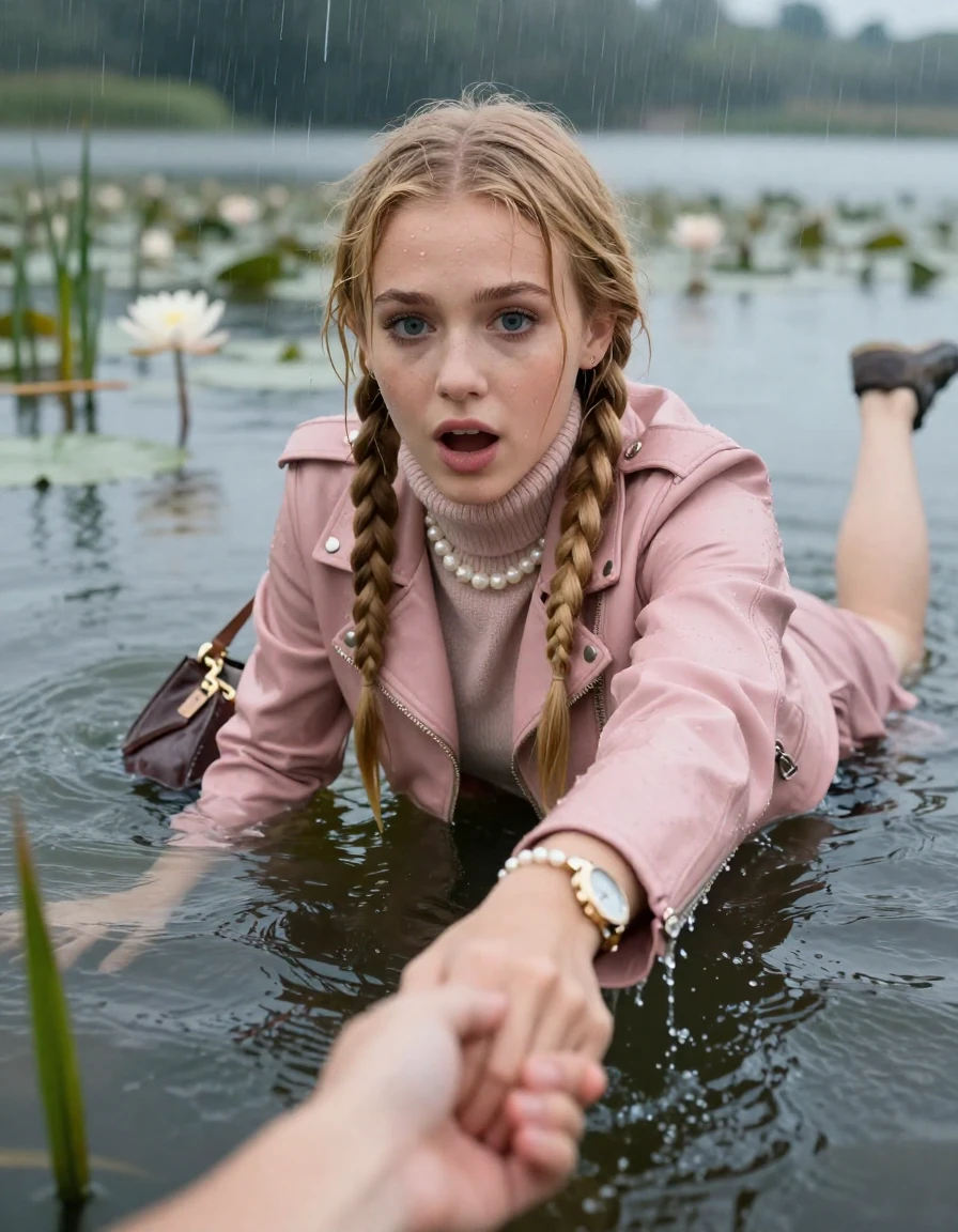 photo of young woman, in soaking wet, drenched clothes,
, , light pink biker leatherjacket,  knit turtleneck sweater, handbag, pearl necklace, bracelet, wristwatch , Emerging after falling in a lake with water lilies and reeds, rain , 
enjoying, wet clothes stuck to body,
detailed textures of the wet clothes, wet face, wet plastered hair,
wet, drenched, professional, high-quality details, full body view.
sharp focus, ultra-high pixel detail, realistic, high-quality, full colors, incredibly detailed, 4k, 8k, 16k, hyper-realistic, RAW photo, masterpiece, ultra-detailed, professionally color graded, professional photograph, two blonde sleek long braids

19 years old  teenage girl, afraid and astonished expression.

open mouth, big eyes. hold with her hands the female viewer's hand, pulling them toward the center of the water. Laying her breast and arms on the surface.  Whole body and shoulders are submerged under the surface.

she is completely underwater up to her neck. leaning slightly forewards.

her submerged clothes are hardly vusible under water, she soaked her handbag into the water

close up view, wet skin, wet clothes, wet hair, damp fabric, water runs down the clothes, wet skin, wet clothes, damp fabric, wet skin, wet clothes, damp fabric, wet skin, wet clothes, damp fabric, wet skin, wet clothes, damp fabric, wet skin, wet clothes, damp fabric, wet skin, wet clothes, damp fabric, wet skin, wet clothes, damp fabric, wet skin, wet clothes, damp fabric, wet skin, wet clothes, damp fabric, wet skin, wet clothes, damp fabric, wet skin, wet clothes, damp fabric, wet skin, wet clothes, damp fabric, wet skin, wet clothes, damp fabric, wet skin, wet clothes, damp fabric, wet skin, wet clothes, damp fabric, wet skin, wet clothes, damp fabric, wet skin, wet clothes, damp fabric, wet skin, wet clothes, damp fabric, wet skin, wet clothes, damp fabric