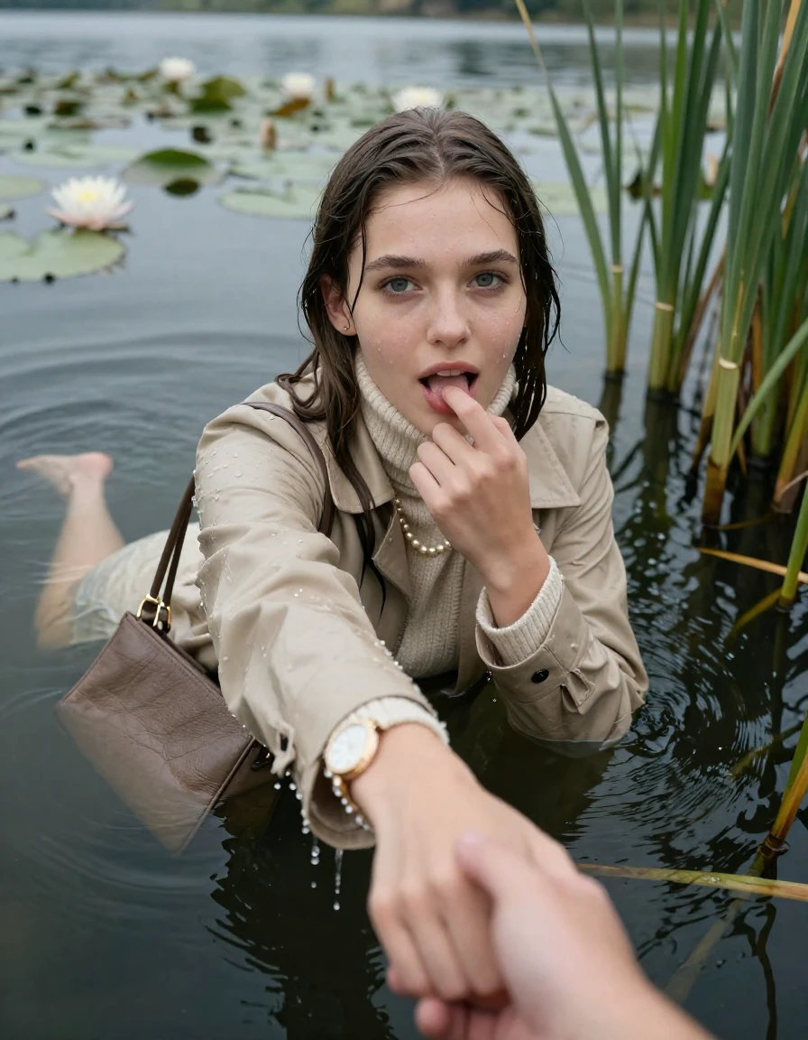 photo of young woman, in soaking wet, drenched clothes,
, , beige woolen wintercoat,  knit turtleneck sweater, handbag, pearl necklace, bracelet, wristwatch, Emerging after diving in a lake with water lilies and reeds, 
enjoying, wet clothes stuck to body,
detailed textures of the wet clothes, wet face, wet plastered hair,
wet, drenched, professional, high-quality details, full body view.
sharp focus, ultra-high pixel detail, realistic, high-quality, full colors, incredibly detailed, 4k, 8k, 16k, hyper-realistic, RAW photo, masterpiece, ultra-detailed, professionally color graded, professional photograph, Sleek long straight hair

15 years old  teenage girl

open mouth, big eyes. 0ne hand with a finger at her tongue  inside her mouth, hold with the other the viewer's hand, pulling them toward the center of the water. Laying her breast and arms on the surface.  Whole body and shoulders are submerged under the surface. Looking up at camera.

she is completely underwater up to her neck,  horny and sexuell aroused expression.

She hides in the reeds.

her submerged clothes are hardly vusible under water, she soaked her handbag into the water

close up view, wet skin, wet clothes, wet hair, damp fabric, water runs down the clothes, wet skin, wet clothes, damp fabric, wet skin, wet clothes, damp fabric, wet skin, wet clothes, damp fabric, wet skin, wet clothes, damp fabric, wet skin, wet clothes, damp fabric, wet skin, wet clothes, damp fabric, wet skin, wet clothes, damp fabric, wet skin, wet clothes, damp fabric, wet skin, wet clothes, damp fabric, wet skin, wet clothes, damp fabric, wet skin, wet clothes, damp fabric, wet skin, wet clothes, damp fabric, wet skin, wet clothes, damp fabric, wet skin, wet clothes, damp fabric, wet skin, wet clothes, damp fabric, wet skin, wet clothes, damp fabric, wet skin, wet clothes, damp fabric, wet skin, wet clothes, damp fabric, wet skin, wet clothes, damp fabric