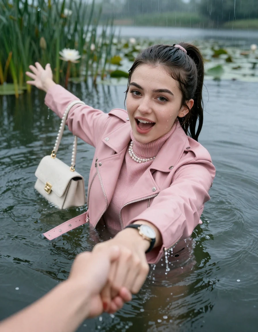photo of young woman, in soaking wet, drenched clothes,
, , light pink biker leatherjacket,  knit turtleneck sweater, handbag, pearl necklace, bracelet, wristwatch , Emerging after diving in a lake with water lilies and reeds, rain , 
enjoying, wet clothes stuck to body,
detailed textures of the wet clothes, wet face, wet plastered hair,
wet, drenched, professional, high-quality details, full body view.
sharp focus, ultra-high pixel detail, realistic, high-quality, full colors, incredibly detailed, 4k, 8k, 16k, hyper-realistic, RAW photo, masterpiece, ultra-detailed, professionally color graded, professional photograph, brunette Sleek long ponytail with hairband

19 years old  teenage girl, horny and joyful  expression.

open mouth, big eyes. hold with her hands the female viewer's hand, pulling them toward the center of the water. Laying her breast and arms on the surface.  Whole body and shoulders are submerged under the surface.

she is completely underwater up to her neck and is in danger of drowning.

her submerged clothes are hardly vusible under water, she soaked her handbag into the water

close up view, wet skin, wet clothes, wet hair, damp fabric, water runs down the clothes, wet skin, wet clothes, damp fabric, wet skin, wet clothes, damp fabric, wet skin, wet clothes, damp fabric, wet skin, wet clothes, damp fabric, wet skin, wet clothes, damp fabric, wet skin, wet clothes, damp fabric, wet skin, wet clothes, damp fabric, wet skin, wet clothes, damp fabric, wet skin, wet clothes, damp fabric, wet skin, wet clothes, damp fabric, wet skin, wet clothes, damp fabric, wet skin, wet clothes, damp fabric, wet skin, wet clothes, damp fabric, wet skin, wet clothes, damp fabric, wet skin, wet clothes, damp fabric, wet skin, wet clothes, damp fabric, wet skin, wet clothes, damp fabric, wet skin, wet clothes, damp fabric