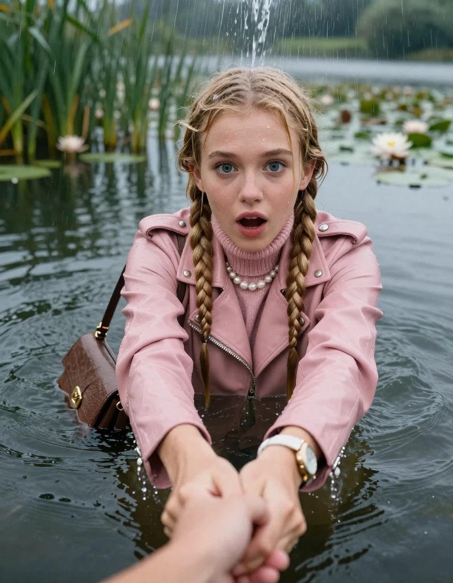 photo of young woman, in soaking wet, drenched clothes,
, , light pink biker leatherjacket,  knit turtleneck sweater, handbag, pearl necklace, bracelet, wristwatch , swimming in a lake with water lilies and reeds,  , 
enjoying, wet clothes stuck to body,
detailed textures of the wet clothes, wet face, wet plastered hair,
wet, drenched, professional, high-quality details, full body view.
sharp focus, ultra-high pixel detail, realistic, high-quality, full colors, incredibly detailed, 4k, 8k, 16k, hyper-realistic, RAW photo, masterpiece, ultra-detailed, professionally color graded, professional photograph, two blonde sleek long braids

19 years old  teenage girl, afraid and astonished expression.

open mouth, big eyes. hold with her hands the female viewer's hand, pulling them toward the center of the water. Laying her breast and arms on the surface.  Whole body and shoulders are submerged under the surface. directly under the rainfall fully saturating her hair. streams of water flowing over her hair, and down her face and clothes.

she is completely underwater up to her neck. leaning slightly forewards.

her submerged clothes are hardly vusible under water, she soaked her handbag into the water

close up view, wet skin, wet clothes, wet hair, damp fabric, water runs down the clothes, wet skin, wet clothes, damp fabric, wet skin, wet clothes, damp fabric, wet skin, wet clothes, damp fabric, wet skin, wet clothes, damp fabric, wet skin, wet clothes, damp fabric, wet skin, wet clothes, damp fabric, wet skin, wet clothes, damp fabric, wet skin, wet clothes, damp fabric, wet skin, wet clothes, damp fabric, wet skin, wet clothes, damp fabric, wet skin, wet clothes, damp fabric, wet skin, wet clothes, damp fabric, wet skin, wet clothes, damp fabric, wet skin, wet clothes, damp fabric, wet skin, wet clothes, damp fabric, wet skin, wet clothes, damp fabric, wet skin, wet clothes, damp fabric, wet skin, wet clothes, damp fabric, wet skin, wet clothes, damp fabric