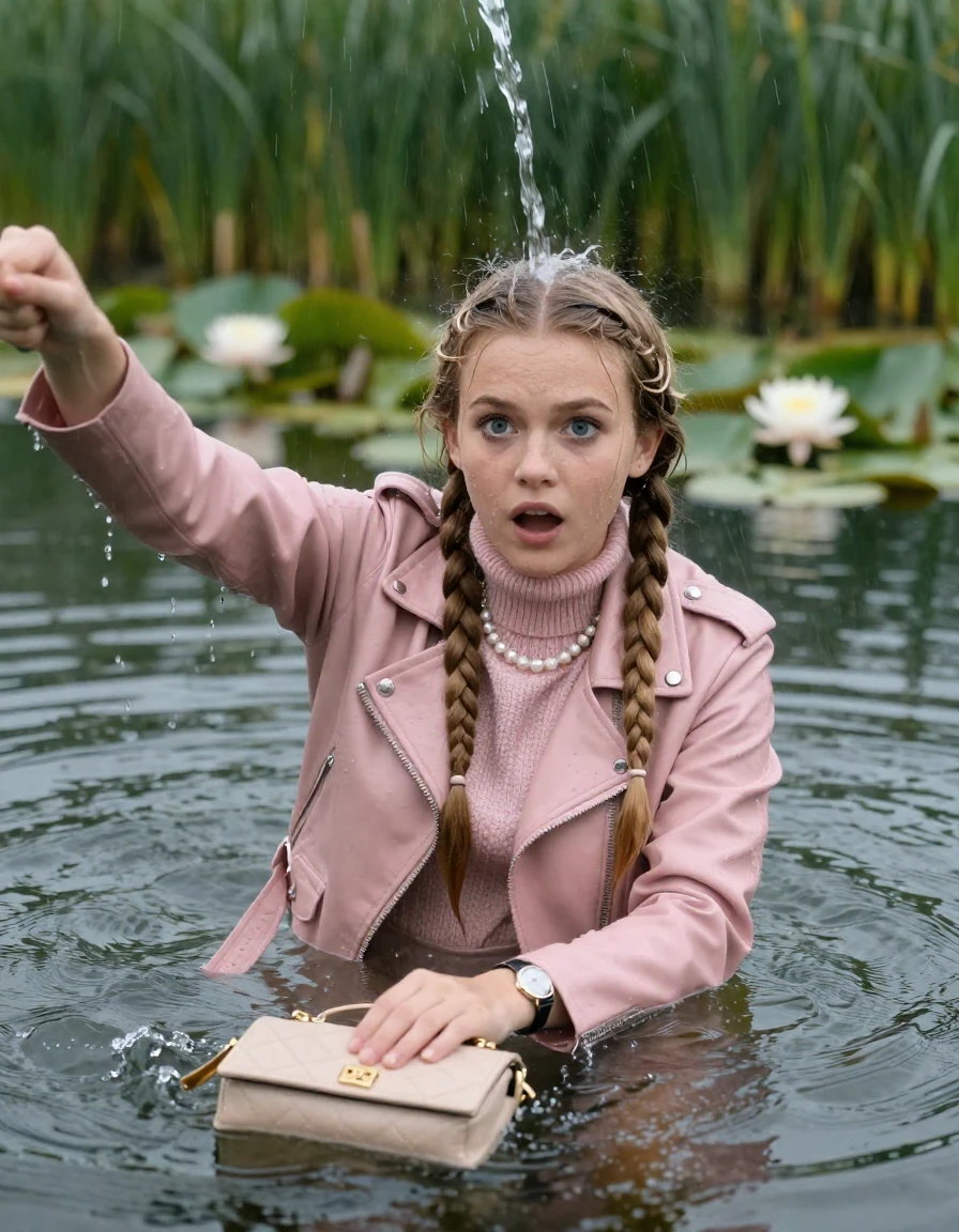 photo of young woman, in soaking wet, drenched clothes,
, , light pink biker leatherjacket,  knit turtleneck sweater, handbag, pearl necklace, bracelet, wristwatch , swimming in a lake with water lilies and reeds,  , 
enjoying, wet clothes stuck to body,
detailed textures of the wet clothes, wet face, wet plastered hair,
wet, drenched, professional, high-quality details, full body view.
sharp focus, ultra-high pixel detail, realistic, high-quality, full colors, incredibly detailed, 4k, 8k, 16k, hyper-realistic, RAW photo, masterpiece, ultra-detailed, professionally color graded, professional photograph, two blonde sleek long braids

19 years old  teenage girl, afraid and astonished expression.

open mouth, big eyes. hold with her hands the female viewer's hand, pulling them toward the center of the water. Laying her breast and arms on the surface.  Whole body and shoulders are submerged under the surface. directly under the flow from a rainfall fully saturating her hair. streams of water flowing over her hair, and down her face and clothes.

she is completely underwater up to her neck. leaning slightly forewards.

her submerged clothes are hardly vusible under water, she soaked her handbag into the water

close up view, wet skin, wet clothes, wet hair, damp fabric, water runs down the clothes, wet skin, wet clothes, damp fabric, wet skin, wet clothes, damp fabric, wet skin, wet clothes, damp fabric, wet skin, wet clothes, damp fabric, wet skin, wet clothes, damp fabric, wet skin, wet clothes, damp fabric, wet skin, wet clothes, damp fabric, wet skin, wet clothes, damp fabric, wet skin, wet clothes, damp fabric, wet skin, wet clothes, damp fabric, wet skin, wet clothes, damp fabric, wet skin, wet clothes, damp fabric, wet skin, wet clothes, damp fabric, wet skin, wet clothes, damp fabric, wet skin, wet clothes, damp fabric, wet skin, wet clothes, damp fabric, wet skin, wet clothes, damp fabric, wet skin, wet clothes, damp fabric, wet skin, wet clothes, damp fabric
