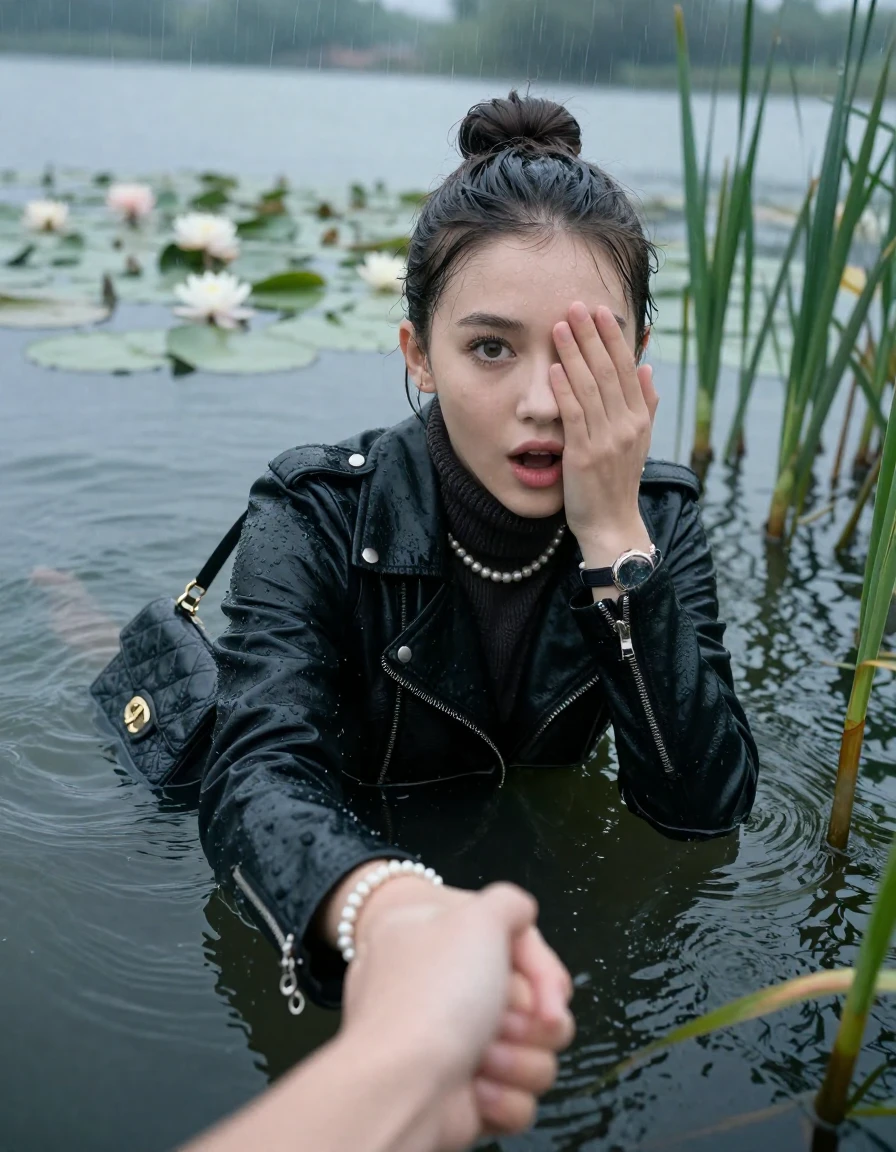 photo of young woman, in soaking wet, drenched clothes,
, , black biker leatherjacket,  knit turtleneck sweater, handbag, pearl necklace, bracelet, wristwatch , Emerging after diving in a lake with water lilies and reeds, rain , 
enjoying, wet clothes stuck to body,
detailed textures of the wet clothes, wet face, wet plastered hair,
wet, drenched, professional, high-quality details, full body view.
sharp focus, ultra-high pixel detail, realistic, high-quality, full colors, incredibly detailed, 4k, 8k, 16k, hyper-realistic, RAW photo, masterpiece, ultra-detailed, professionally color graded, professional photograph, Sleek bun 

19 years old  teenage girl

open mouth, big eyes. 0ne hand over face, hold with the other the viewer's hand, pulling them toward the center of the water. Laying her breast and arms on the surface.  Whole body and shoulders are submerged under the surface. Looking at camera.

she is completely underwater up to her neck,  stupified shocked expression.

She hides in the reeds and is surprised by spectators

her submerged clothes are hardly vusible under water, she soaked her handbag into the water

close up view, wet skin, wet clothes, wet hair, damp fabric, water runs down the clothes, wet skin, wet clothes, damp fabric, wet skin, wet clothes, damp fabric, wet skin, wet clothes, damp fabric, wet skin, wet clothes, damp fabric, wet skin, wet clothes, damp fabric, wet skin, wet clothes, damp fabric, wet skin, wet clothes, damp fabric, wet skin, wet clothes, damp fabric, wet skin, wet clothes, damp fabric, wet skin, wet clothes, damp fabric, wet skin, wet clothes, damp fabric, wet skin, wet clothes, damp fabric, wet skin, wet clothes, damp fabric, wet skin, wet clothes, damp fabric, wet skin, wet clothes, damp fabric, wet skin, wet clothes, damp fabric, wet skin, wet clothes, damp fabric, wet skin, wet clothes, damp fabric