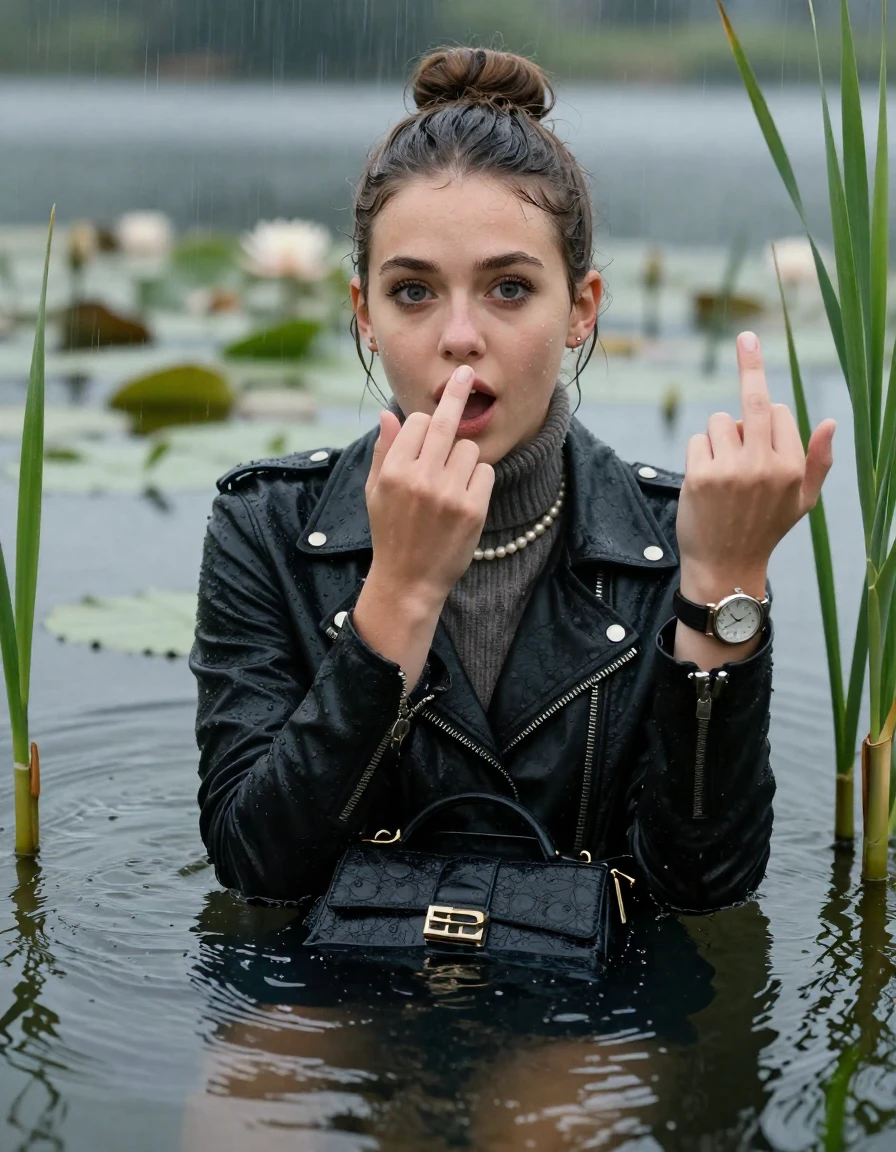 photo of young woman, in soaking wet, drenched clothes,
, , black biker leatherjacket,  knit turtleneck sweater, handbag, pearl necklace, bracelet, wristwatch , Emerging after diving in a lake with water lilies and reeds, rain , 
enjoying, wet clothes stuck to body,
detailed textures of the wet clothes, wet face, wet plastered hair,
wet, drenched, professional, high-quality details, full body view.
sharp focus, ultra-high pixel detail, realistic, high-quality, full colors, incredibly detailed, 4k, 8k, 16k, hyper-realistic, RAW photo, masterpiece, ultra-detailed, professionally color graded, professional photograph, Sleek bun 

19 years old  teenage girl

open mouth, big eyes. 0ne hand over mouth, a hand raised with the middle finger up. Laying her breast and arms on the surface.  Whole body and shoulders are submerged under the surface. Looking at camera.

she is completely underwater up to her neck, afraid and astonished expression.

She hides in the reeds and is surprised by spectators

her submerged clothes are hardly vusible under water, she soaked her handbag into the water

close up view, wet skin, wet clothes, wet hair, damp fabric, water runs down the clothes, wet skin, wet clothes, damp fabric, wet skin, wet clothes, damp fabric, wet skin, wet clothes, damp fabric, wet skin, wet clothes, damp fabric, wet skin, wet clothes, damp fabric, wet skin, wet clothes, damp fabric, wet skin, wet clothes, damp fabric, wet skin, wet clothes, damp fabric, wet skin, wet clothes, damp fabric, wet skin, wet clothes, damp fabric, wet skin, wet clothes, damp fabric, wet skin, wet clothes, damp fabric, wet skin, wet clothes, damp fabric, wet skin, wet clothes, damp fabric, wet skin, wet clothes, damp fabric, wet skin, wet clothes, damp fabric, wet skin, wet clothes, damp fabric, wet skin, wet clothes, damp fabric