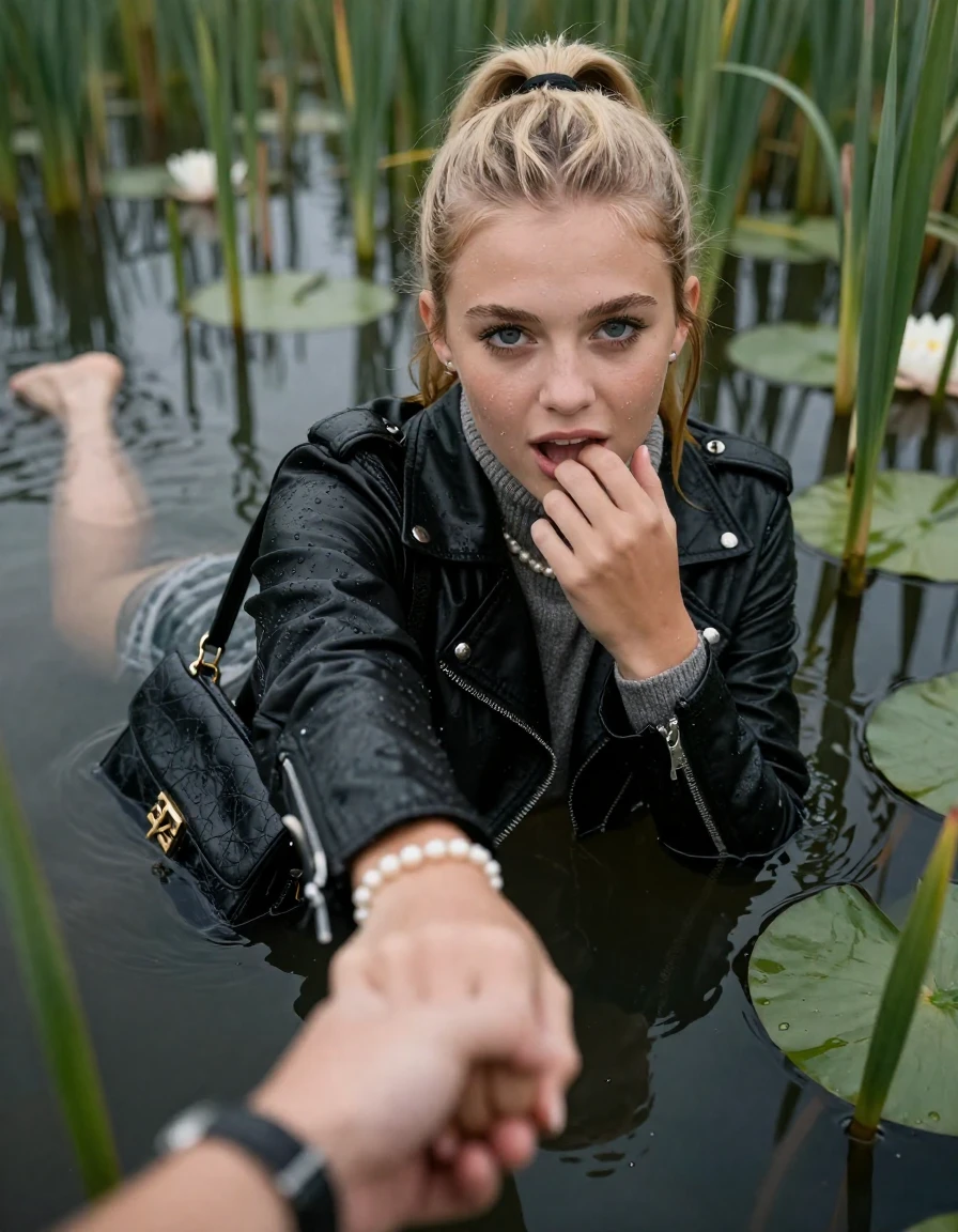 photo of young woman, in soaking wet, drenched clothes,
, , black biker leatherjacket,  knit turtleneck sweater, handbag, pearl necklace, bracelet, wristwatch , Emerging after diving in a lake with water lilies and reeds, 
enjoying, wet clothes stuck to body,
detailed textures of the wet clothes, wet face, wet plastered hair,
wet, drenched, professional, high-quality details, full body view.
sharp focus, ultra-high pixel detail, realistic, high-quality, full colors, incredibly detailed, 4k, 8k, 16k, hyper-realistic, RAW photo, masterpiece, ultra-detailed, professionally color graded, professional photograph, blonde Sleek long ponytail with hairband

15 years old  teenage girl

open mouth, big eyes. 0ne hand with her fingers inside her mouth, hold with the other the viewer's hand, pulling them toward the center of the water. Laying her breast and arms on the surface.  Whole body and shoulders are submerged under the surface. Looking at camera.

she is completely underwater up to her neck,  horny and sexuell aroused expression.

She hides in the reeds.

her submerged clothes are hardly vusible under water, she soaked her handbag into the water

close up view, wet skin, wet clothes, wet hair, damp fabric, water runs down the clothes, wet skin, wet clothes, damp fabric, wet skin, wet clothes, damp fabric, wet skin, wet clothes, damp fabric, wet skin, wet clothes, damp fabric, wet skin, wet clothes, damp fabric, wet skin, wet clothes, damp fabric, wet skin, wet clothes, damp fabric, wet skin, wet clothes, damp fabric, wet skin, wet clothes, damp fabric, wet skin, wet clothes, damp fabric, wet skin, wet clothes, damp fabric, wet skin, wet clothes, damp fabric, wet skin, wet clothes, damp fabric, wet skin, wet clothes, damp fabric, wet skin, wet clothes, damp fabric, wet skin, wet clothes, damp fabric, wet skin, wet clothes, damp fabric, wet skin, wet clothes, damp fabric, wet skin, wet clothes, damp fabric
