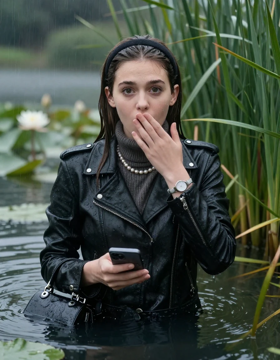 photo of young woman, in soaking wet, drenched clothes,
, , black biker leatherjacket,  knit turtleneck sweater, handbag, pearl necklace, bracelet, wristwatch , Emerging after diving in a lake with water lilies and reeds, rain , 
enjoying, wet clothes stuck to body,
detailed textures of the wet clothes, wet face, wet plastered hair,
wet, drenched, professional, high-quality details, full body view.
sharp focus, ultra-high pixel detail, realistic, high-quality, full colors, incredibly detailed, 4k, 8k, 16k, hyper-realistic, RAW photo, masterpiece, ultra-detailed, professionally color graded, professional photograph, Sleek long straight hair with hairband

19 years old  teenage girl

open mouth, big eyes, cover her mouth with a hand and in the other hand her smartphone. Laying her breast on the surface.  Looking at camera.

she is completely underwater up to her neck, afraid and astonished expression.

She hides in the reeds and is surprised by spectators

her submerged clothes are hardly vusible under water, she soaked her handbag into the water

close up view, wet skin, wet clothes, wet hair, damp fabric, water runs down the clothes, wet skin, wet clothes, damp fabric, wet skin, wet clothes, damp fabric, wet skin, wet clothes, damp fabric, wet skin, wet clothes, damp fabric, wet skin, wet clothes, damp fabric, wet skin, wet clothes, damp fabric, wet skin, wet clothes, damp fabric, wet skin, wet clothes, damp fabric, wet skin, wet clothes, damp fabric, wet skin, wet clothes, damp fabric, wet skin, wet clothes, damp fabric, wet skin, wet clothes, damp fabric, wet skin, wet clothes, damp fabric, wet skin, wet clothes, damp fabric, wet skin, wet clothes, damp fabric, wet skin, wet clothes, damp fabric, wet skin, wet clothes, damp fabric