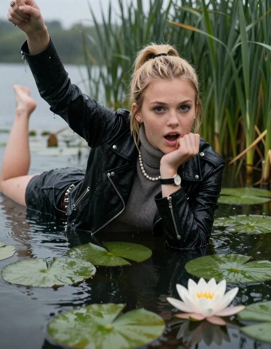 photo of young woman, in soaking wet, drenched clothes,
, , black biker leatherjacket,  knit turtleneck sweater, handbag, pearl necklace, bracelet, wristwatch , Emerging after diving in a lake with water lilies and reeds, rain , 
enjoying, wet clothes stuck to body,
detailed textures of the wet clothes, wet face, wet plastered hair,
wet, drenched, professional, high-quality details, full body view.
sharp focus, ultra-high pixel detail, realistic, high-quality, full colors, incredibly detailed, 4k, 8k, 16k, hyper-realistic, RAW photo, masterpiece, ultra-detailed, professionally color graded, professional photograph, blonde Sleek long ponytail with hairband

19 years old  teenage girl

open mouth, big eyes. 0ne hand on chin, hold with the other her friends hand, pulling them toward the center of the water. Laying her breast and arms on the surface.  Whole body and shoulders are submerged under the surface. Looking at camera.

she is completely underwater up to her neck,  gasping expression.

She hides in the reeds and is surprised by spectators

her submerged clothes are hardly vusible under water, she soaked her handbag into the water

close up view, wet skin, wet clothes, wet hair, damp fabric, water runs down the clothes, wet skin, wet clothes, damp fabric, wet skin, wet clothes, damp fabric, wet skin, wet clothes, damp fabric, wet skin, wet clothes, damp fabric, wet skin, wet clothes, damp fabric, wet skin, wet clothes, damp fabric, wet skin, wet clothes, damp fabric, wet skin, wet clothes, damp fabric, wet skin, wet clothes, damp fabric, wet skin, wet clothes, damp fabric, wet skin, wet clothes, damp fabric, wet skin, wet clothes, damp fabric, wet skin, wet clothes, damp fabric, wet skin, wet clothes, damp fabric, wet skin, wet clothes, damp fabric, wet skin, wet clothes, damp fabric, wet skin, wet clothes, damp fabric, wet skin, wet clothes, damp fabric