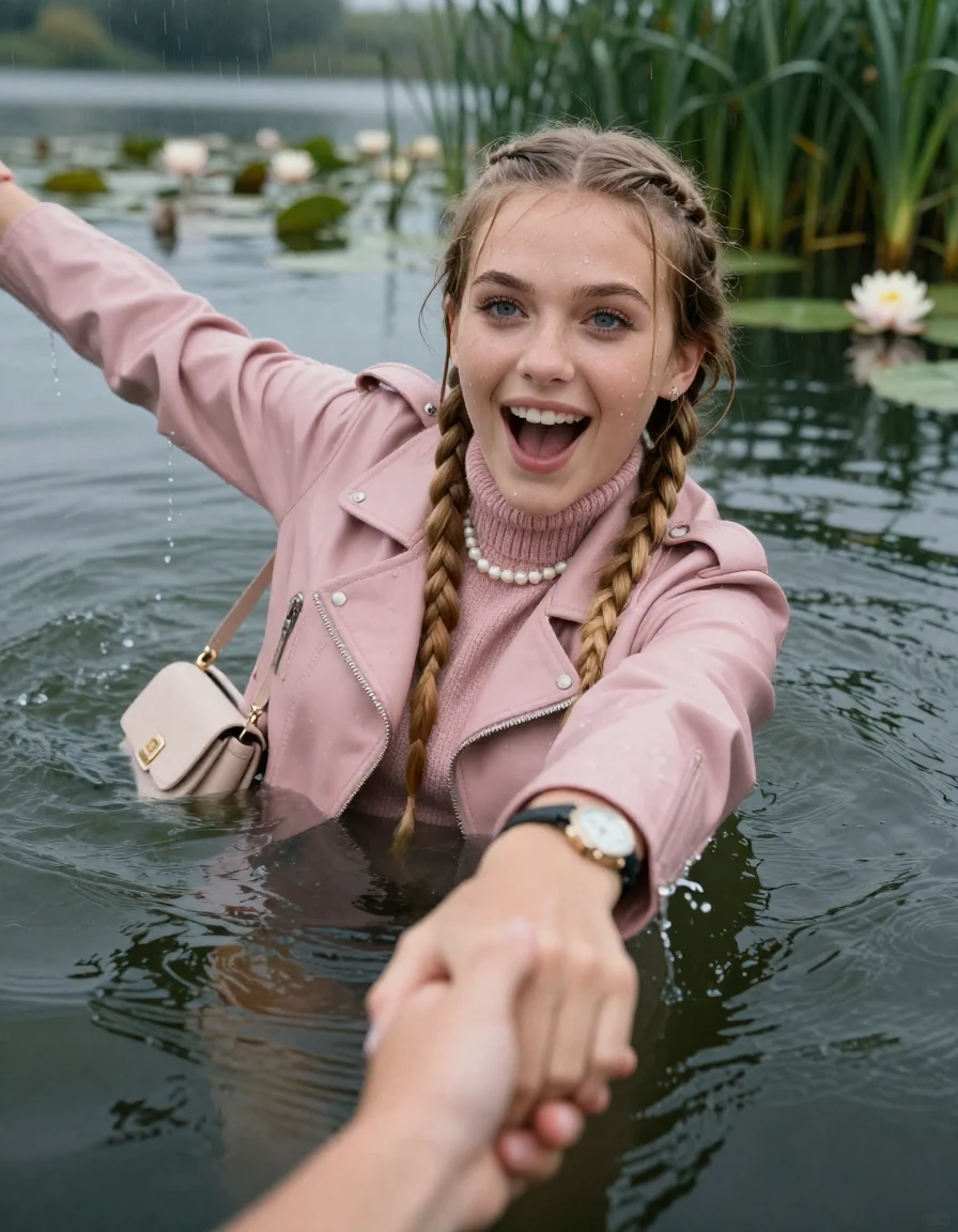 photo of young woman, in soaking wet, drenched clothes,
, , light pink biker leatherjacket,  knit turtleneck sweater, handbag, pearl necklace, bracelet, wristwatch , Emerging after diving in a lake with water lilies and reeds, rain , 
enjoying, wet clothes stuck to body,
detailed textures of the wet clothes, wet face, wet plastered hair,
wet, drenched, professional, high-quality details, full body view.
sharp focus, ultra-high pixel detail, realistic, high-quality, full colors, incredibly detailed, 4k, 8k, 16k, hyper-realistic, RAW photo, masterpiece, ultra-detailed, professionally color graded, professional photograph, two blonde sleek long braids

19 years old  teenage girl, horny and joyful  expression.

open mouth, big eyes. hold with her hands the female viewer's hand, pulling them toward the center of the water. Laying her breast and arms on the surface.  Whole body and shoulders are submerged under the surface.

she is completely underwater up to her neck. leaning slightly backwards.

her submerged clothes are hardly vusible under water, she soaked her handbag into the water

close up view, wet skin, wet clothes, wet hair, damp fabric, water runs down the clothes, wet skin, wet clothes, damp fabric, wet skin, wet clothes, damp fabric, wet skin, wet clothes, damp fabric, wet skin, wet clothes, damp fabric, wet skin, wet clothes, damp fabric, wet skin, wet clothes, damp fabric, wet skin, wet clothes, damp fabric, wet skin, wet clothes, damp fabric, wet skin, wet clothes, damp fabric, wet skin, wet clothes, damp fabric, wet skin, wet clothes, damp fabric, wet skin, wet clothes, damp fabric, wet skin, wet clothes, damp fabric, wet skin, wet clothes, damp fabric, wet skin, wet clothes, damp fabric, wet skin, wet clothes, damp fabric, wet skin, wet clothes, damp fabric, wet skin, wet clothes, damp fabric