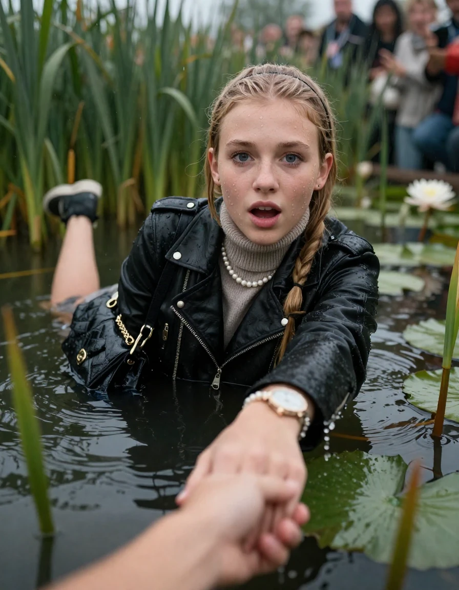 photo of young woman, in soaking wet, drenched clothes,
, , black biker leatherjacket,  knit turtleneck sweater, handbag, pearl necklace, bracelet, wristwatch , Emerging after diving in a lake with water lilies and reeds, rain , 
enjoying, wet clothes stuck to body,
detailed textures of the wet clothes, wet face, wet plastered hair,
wet, drenched, professional, high-quality details, full body view.
sharp focus, ultra-high pixel detail, realistic, high-quality, full colors, incredibly detailed, 4k, 8k, 16k, hyper-realistic, RAW photo, masterpiece, ultra-detailed, professionally color graded, professional photograph, blonde Sleek long ponytail with hairband

15 years old  teenage girl

open mouth, big eyes. 0ne hand on chin, hold with the other the viewer's hand, pulling them toward the center of the water. Laying her breast and arms on the surface.  Whole body and shoulders are submerged under the surface. Looking at camera.

she is completely underwater up to her neck,  gasping expression.

She hides in the reeds and is surprised by spectators

her submerged clothes are hardly vusible under water, she soaked her handbag into the water

close up view, wet skin, wet clothes, wet hair, damp fabric, water runs down the clothes, wet skin, wet clothes, damp fabric, wet skin, wet clothes, damp fabric, wet skin, wet clothes, damp fabric, wet skin, wet clothes, damp fabric, wet skin, wet clothes, damp fabric, wet skin, wet clothes, damp fabric, wet skin, wet clothes, damp fabric, wet skin, wet clothes, damp fabric, wet skin, wet clothes, damp fabric, wet skin, wet clothes, damp fabric, wet skin, wet clothes, damp fabric, wet skin, wet clothes, damp fabric, wet skin, wet clothes, damp fabric, wet skin, wet clothes, damp fabric, wet skin, wet clothes, damp fabric, wet skin, wet clothes, damp fabric, wet skin, wet clothes, damp fabric, wet skin, wet clothes, damp fabric, wet skin, wet clothes, damp fabric