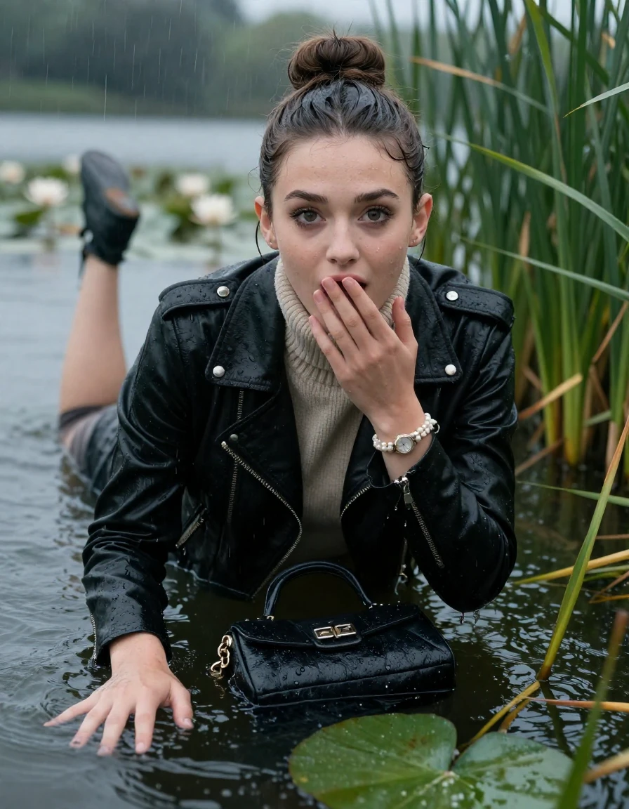 photo of young woman, in soaking wet, drenched clothes,
, , black biker leatherjacket,  knit turtleneck sweater, handbag, pearl necklace, bracelet, wristwatch , Emerging after diving in a lake with water lilies and reeds, rain , 
enjoying, wet clothes stuck to body,
detailed textures of the wet clothes, wet face, wet plastered hair,
wet, drenched, professional, high-quality details, full body view.
sharp focus, ultra-high pixel detail, realistic, high-quality, full colors, incredibly detailed, 4k, 8k, 16k, hyper-realistic, RAW photo, masterpiece, ultra-detailed, professionally color graded, professional photograph, Sleek bun 

19 years old  teenage girl

open mouth, big eyes. 0ne hand over mouth, one hand under water. Laying her breast and arms on the surface.  Whole body and shoulders are submerged under the surface. Looking at camera.

she is completely underwater up to her neck, afraid and astonished expression.

She hides in the reeds and is surprised by spectators

her submerged clothes are hardly vusible under water, she soaked her handbag into the water

close up view, wet skin, wet clothes, wet hair, damp fabric, water runs down the clothes, wet skin, wet clothes, damp fabric, wet skin, wet clothes, damp fabric, wet skin, wet clothes, damp fabric, wet skin, wet clothes, damp fabric, wet skin, wet clothes, damp fabric, wet skin, wet clothes, damp fabric, wet skin, wet clothes, damp fabric, wet skin, wet clothes, damp fabric, wet skin, wet clothes, damp fabric, wet skin, wet clothes, damp fabric, wet skin, wet clothes, damp fabric, wet skin, wet clothes, damp fabric, wet skin, wet clothes, damp fabric, wet skin, wet clothes, damp fabric, wet skin, wet clothes, damp fabric, wet skin, wet clothes, damp fabric, wet skin, wet clothes, damp fabric