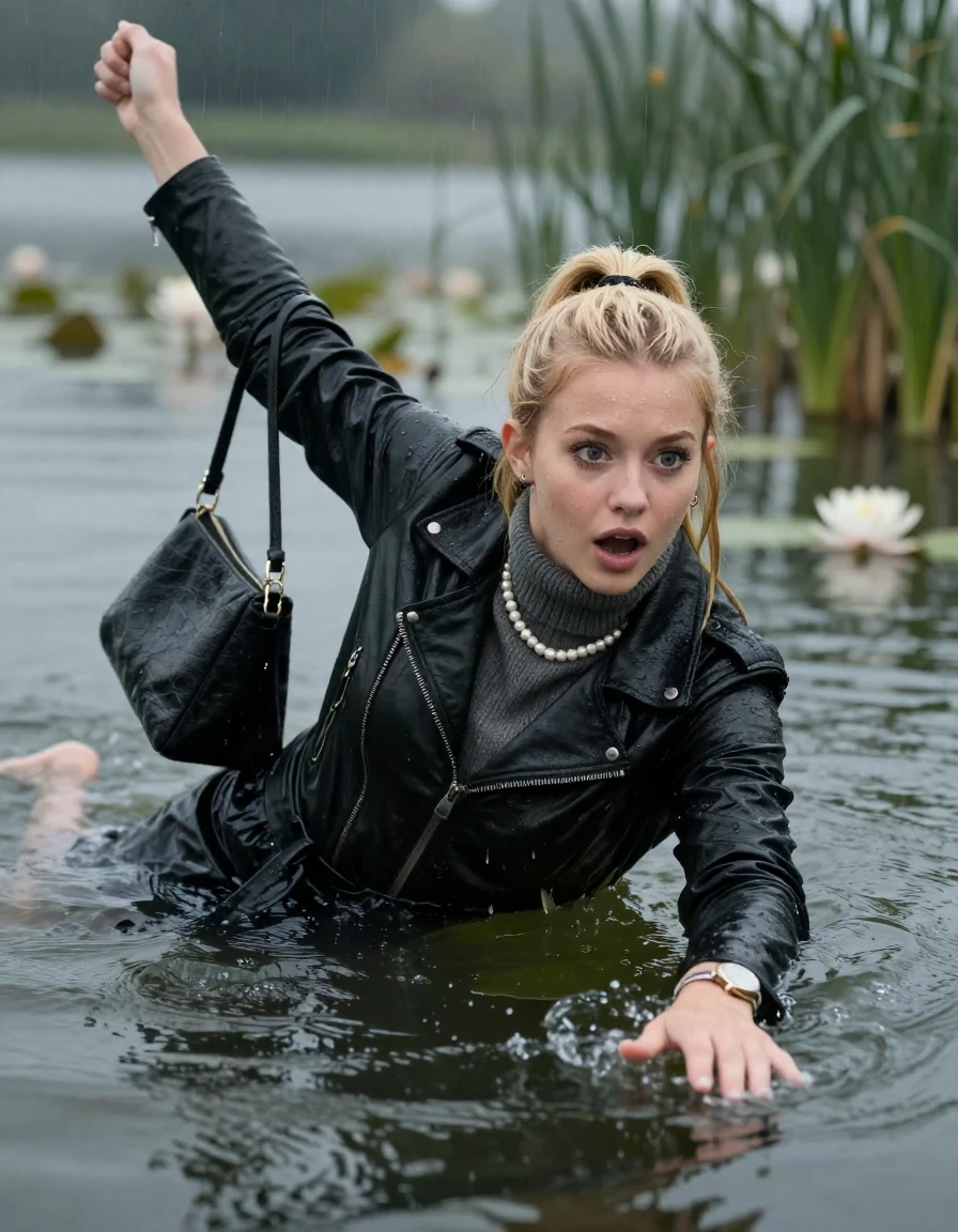photo of young woman, in soaking wet, drenched clothes,
, , black biker leatherjacket,  knit turtleneck sweater, handbag, pearl necklace, bracelet, wristwatch , Emerging after diving in a lake with water lilies and reeds, rain , 
enjoying, wet clothes stuck to body,
detailed textures of the wet clothes, wet face, wet plastered hair,
wet, drenched, professional, high-quality details, full body view.
sharp focus, ultra-high pixel detail, realistic, high-quality, full colors, incredibly detailed, 4k, 8k, 16k, hyper-realistic, RAW photo, masterpiece, ultra-detailed, professionally color graded, professional photograph, blonde Sleek long ponytail with hairband

19 years old  teenage girl, stupified shocked expression.

open mouth, big eyes. 0ne hand in the water, hold with the other the female viewer's hand, pulling them toward the center of the water. Laying her breast and arms on the surface.  Whole body and shoulders are submerged under the surface.

she is completely underwater up to her neck and is in danger of drowning.

her submerged clothes are hardly vusible under water, she soaked her handbag into the water

close up view, wet skin, wet clothes, wet hair, damp fabric, water runs down the clothes, wet skin, wet clothes, damp fabric, wet skin, wet clothes, damp fabric, wet skin, wet clothes, damp fabric, wet skin, wet clothes, damp fabric, wet skin, wet clothes, damp fabric, wet skin, wet clothes, damp fabric, wet skin, wet clothes, damp fabric, wet skin, wet clothes, damp fabric, wet skin, wet clothes, damp fabric, wet skin, wet clothes, damp fabric, wet skin, wet clothes, damp fabric, wet skin, wet clothes, damp fabric, wet skin, wet clothes, damp fabric, wet skin, wet clothes, damp fabric, wet skin, wet clothes, damp fabric, wet skin, wet clothes, damp fabric, wet skin, wet clothes, damp fabric, wet skin, wet clothes, damp fabric