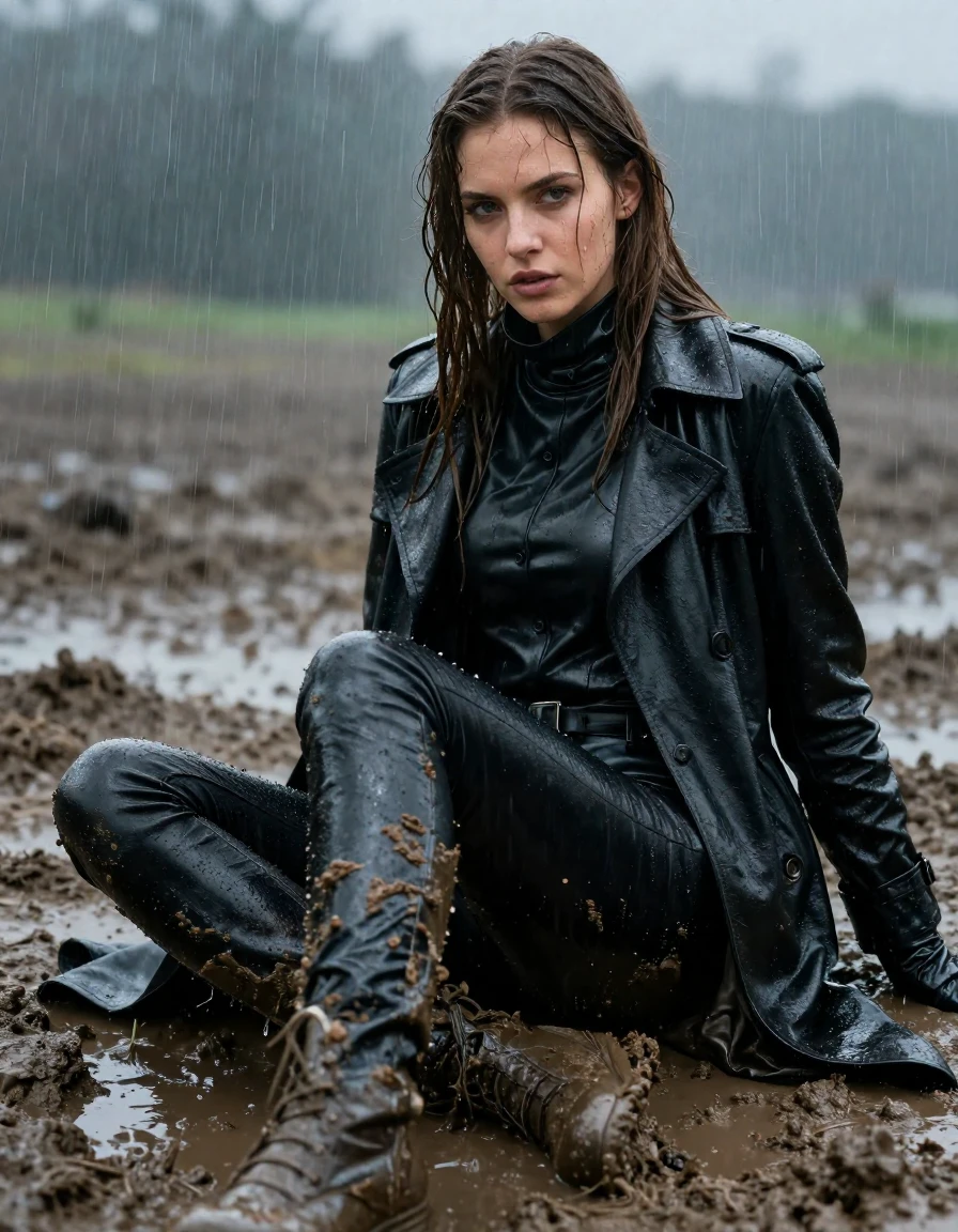 A photorealistic medium shot of a young adult European woman with long, dripping wet brown hair, sitting in a mud pit during a torrential downpour. She is wearing a black leather polar neck shirt, a black leather trench coat, and matching black leather gloves. Her legs are clad in black leather jeans, which are heavily saturated with mud and rainwater, displaying a deep, dark sheen and realistic creases. The leather garments are clinging to her frame, exhibiting a heavy, wet texture with strong glossy specular reflections from the rain. Her skin is glistening with water and smeared with thick mud, with water running down her face and hair. The scene is set in a muddy field under heavy rain, with the atmosphere saturated and dark. High-detail photography, sharp focus on the wet textures and mud-caked surfaces, cinematic lighting, 8k resolution, realistic rain droplets and water runoff.