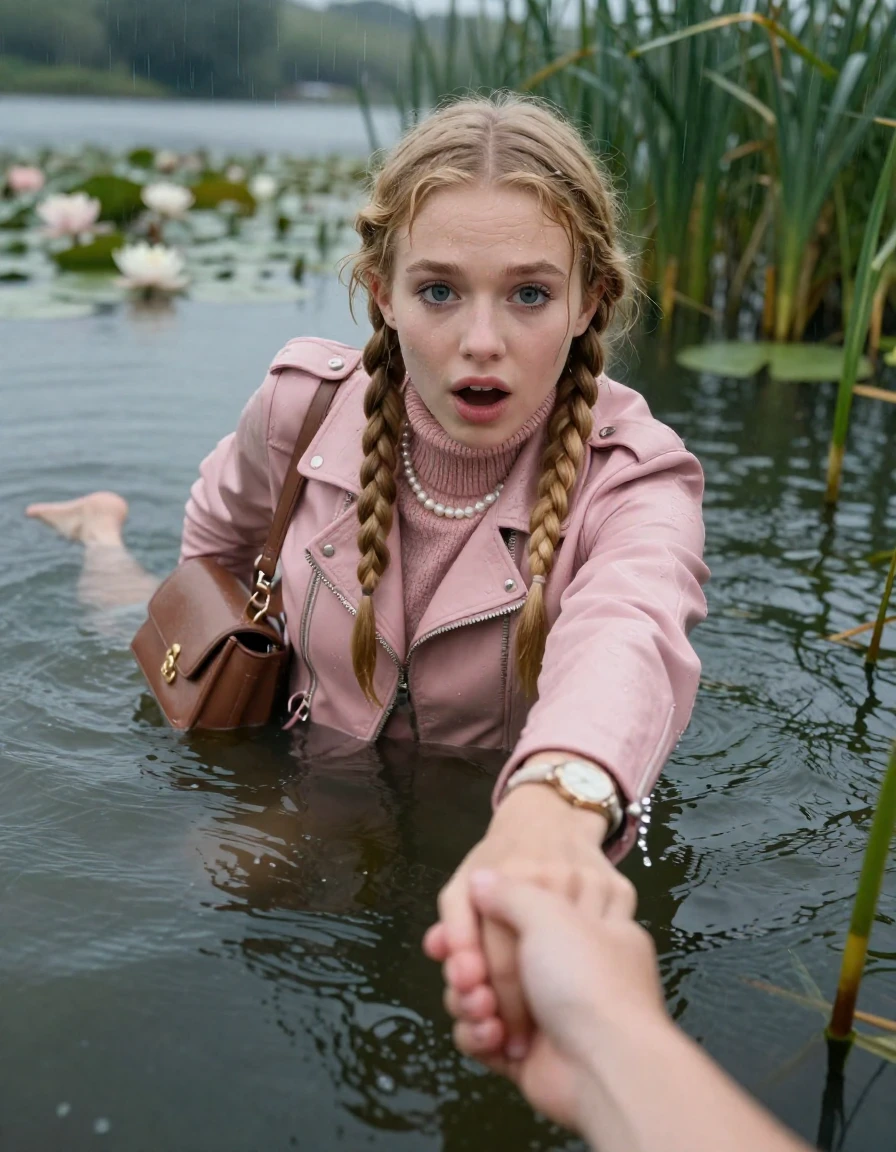 photo of young woman, in soaking wet, drenched clothes,
, , light pink biker leatherjacket,  knit turtleneck sweater, handbag, pearl necklace, bracelet, wristwatch , Climbing  out of a lake with water lilies and reeds, rain , 
enjoying, wet clothes stuck to body,
detailed textures of the wet clothes, wet face, wet plastered hair,
wet, drenched, professional, high-quality details, full body view.
sharp focus, ultra-high pixel detail, realistic, high-quality, full colors, incredibly detailed, 4k, 8k, 16k, hyper-realistic, RAW photo, masterpiece, ultra-detailed, professionally color graded, professional photograph, two blonde sleek long braids

19 years old  teenage girl, afraid and astonished expression.

open mouth, big eyes. hold with her hands the female viewer's hand, pulling them toward the center of the water. Laying her breast and arms on the surface.  Whole body and shoulders are submerged under the surface.

she is completely underwater up to her neck. leaning slightly forewards.

her submerged clothes are hardly vusible under water, she soaked her handbag into the water

close up view, wet skin, wet clothes, wet hair, damp fabric, water runs down the clothes, wet skin, wet clothes, damp fabric, wet skin, wet clothes, damp fabric, wet skin, wet clothes, damp fabric, wet skin, wet clothes, damp fabric, wet skin, wet clothes, damp fabric, wet skin, wet clothes, damp fabric, wet skin, wet clothes, damp fabric, wet skin, wet clothes, damp fabric, wet skin, wet clothes, damp fabric, wet skin, wet clothes, damp fabric, wet skin, wet clothes, damp fabric, wet skin, wet clothes, damp fabric, wet skin, wet clothes, damp fabric, wet skin, wet clothes, damp fabric, wet skin, wet clothes, damp fabric, wet skin, wet clothes, damp fabric, wet skin, wet clothes, damp fabric, wet skin, wet clothes, damp fabric, wet skin, wet clothes, damp fabric