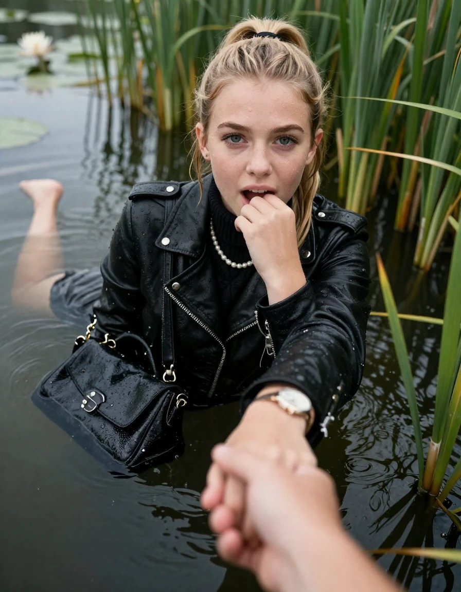photo of young woman, in soaking wet, drenched clothes,
, , black biker leatherjacket,  knit turtleneck sweater, handbag, pearl necklace, bracelet, wristwatch , Emerging after diving in a lake with water lilies and reeds, 
enjoying, wet clothes stuck to body,
detailed textures of the wet clothes, wet face, wet plastered hair,
wet, drenched, professional, high-quality details, full body view.
sharp focus, ultra-high pixel detail, realistic, high-quality, full colors, incredibly detailed, 4k, 8k, 16k, hyper-realistic, RAW photo, masterpiece, ultra-detailed, professionally color graded, professional photograph, blonde Sleek long ponytail with hairband

15 years old  teenage girl

open mouth, big eyes. 0ne hand with her fingers inside her mouth, hold with the other the viewer's hand, pulling them toward the center of the water. Laying her breast and arms on the surface.  Whole body and shoulders are submerged under the surface. Looking at camera.

she is completely underwater up to her neck,  gasping expression.

She hides in the reeds.

her submerged clothes are hardly vusible under water, she soaked her handbag into the water

close up view, wet skin, wet clothes, wet hair, damp fabric, water runs down the clothes, wet skin, wet clothes, damp fabric, wet skin, wet clothes, damp fabric, wet skin, wet clothes, damp fabric, wet skin, wet clothes, damp fabric, wet skin, wet clothes, damp fabric, wet skin, wet clothes, damp fabric, wet skin, wet clothes, damp fabric, wet skin, wet clothes, damp fabric, wet skin, wet clothes, damp fabric, wet skin, wet clothes, damp fabric, wet skin, wet clothes, damp fabric, wet skin, wet clothes, damp fabric, wet skin, wet clothes, damp fabric, wet skin, wet clothes, damp fabric, wet skin, wet clothes, damp fabric, wet skin, wet clothes, damp fabric, wet skin, wet clothes, damp fabric, wet skin, wet clothes, damp fabric, wet skin, wet clothes, damp fabric