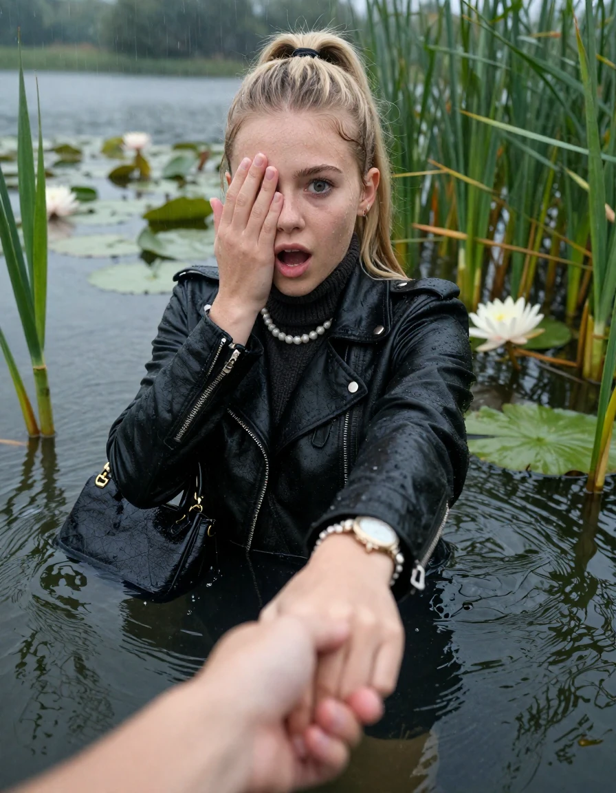 photo of young woman, in soaking wet, drenched clothes,
, , black biker leatherjacket,  knit turtleneck sweater, handbag, pearl necklace, bracelet, wristwatch , Emerging after diving in a lake with water lilies and reeds, rain , 
enjoying, wet clothes stuck to body,
detailed textures of the wet clothes, wet face, wet plastered hair,
wet, drenched, professional, high-quality details, full body view.
sharp focus, ultra-high pixel detail, realistic, high-quality, full colors, incredibly detailed, 4k, 8k, 16k, hyper-realistic, RAW photo, masterpiece, ultra-detailed, professionally color graded, professional photograph, blonde Sleek long ponytail with hairband

19 years old  teenage girl

open mouth, big eyes. 0ne hand over face, hold with the other the viewer's hand, pulling them toward the center of the water. Laying her breast and arms on the surface.  Whole body and shoulders are submerged under the surface. Looking at camera.

she is completely underwater up to her neck,  stupified shocked expression.

She hides in the reeds and is surprised by spectators

her submerged clothes are hardly vusible under water, she soaked her handbag into the water

close up view, wet skin, wet clothes, wet hair, damp fabric, water runs down the clothes, wet skin, wet clothes, damp fabric, wet skin, wet clothes, damp fabric, wet skin, wet clothes, damp fabric, wet skin, wet clothes, damp fabric, wet skin, wet clothes, damp fabric, wet skin, wet clothes, damp fabric, wet skin, wet clothes, damp fabric, wet skin, wet clothes, damp fabric, wet skin, wet clothes, damp fabric, wet skin, wet clothes, damp fabric, wet skin, wet clothes, damp fabric, wet skin, wet clothes, damp fabric, wet skin, wet clothes, damp fabric, wet skin, wet clothes, damp fabric, wet skin, wet clothes, damp fabric, wet skin, wet clothes, damp fabric, wet skin, wet clothes, damp fabric, wet skin, wet clothes, damp fabric