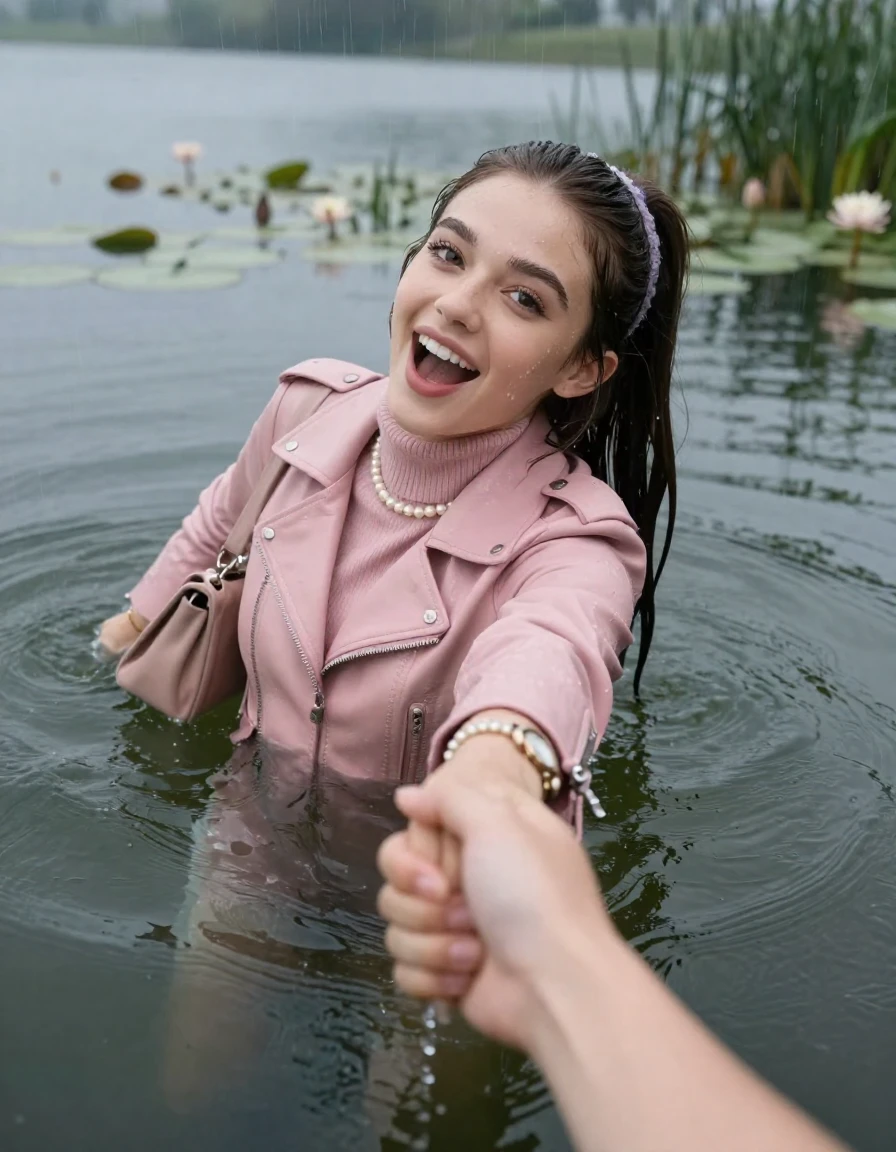photo of young woman, in soaking wet, drenched clothes,
, , light pink biker leatherjacket,  knit turtleneck sweater, handbag, pearl necklace, bracelet, wristwatch , Emerging after diving in a lake with water lilies and reeds, rain , 
enjoying, wet clothes stuck to body,
detailed textures of the wet clothes, wet face, wet plastered hair,
wet, drenched, professional, high-quality details, full body view.
sharp focus, ultra-high pixel detail, realistic, high-quality, full colors, incredibly detailed, 4k, 8k, 16k, hyper-realistic, RAW photo, masterpiece, ultra-detailed, professionally color graded, professional photograph, brunette Sleek long ponytail with hairband

19 years old  teenage girl, horny and joyful  expression.

open mouth, big eyes. hold with her hands the female viewer's hand, pulling them toward the center of the water. Laying her breast and arms on the surface.  Whole body and shoulders are submerged under the surface.

she is completely underwater up to her neck. leaning slightly backwards.

her submerged clothes are hardly vusible under water, she soaked her handbag into the water

close up view, wet skin, wet clothes, wet hair, damp fabric, water runs down the clothes, wet skin, wet clothes, damp fabric, wet skin, wet clothes, damp fabric, wet skin, wet clothes, damp fabric, wet skin, wet clothes, damp fabric, wet skin, wet clothes, damp fabric, wet skin, wet clothes, damp fabric, wet skin, wet clothes, damp fabric, wet skin, wet clothes, damp fabric, wet skin, wet clothes, damp fabric, wet skin, wet clothes, damp fabric, wet skin, wet clothes, damp fabric, wet skin, wet clothes, damp fabric, wet skin, wet clothes, damp fabric, wet skin, wet clothes, damp fabric, wet skin, wet clothes, damp fabric, wet skin, wet clothes, damp fabric, wet skin, wet clothes, damp fabric, wet skin, wet clothes, damp fabric