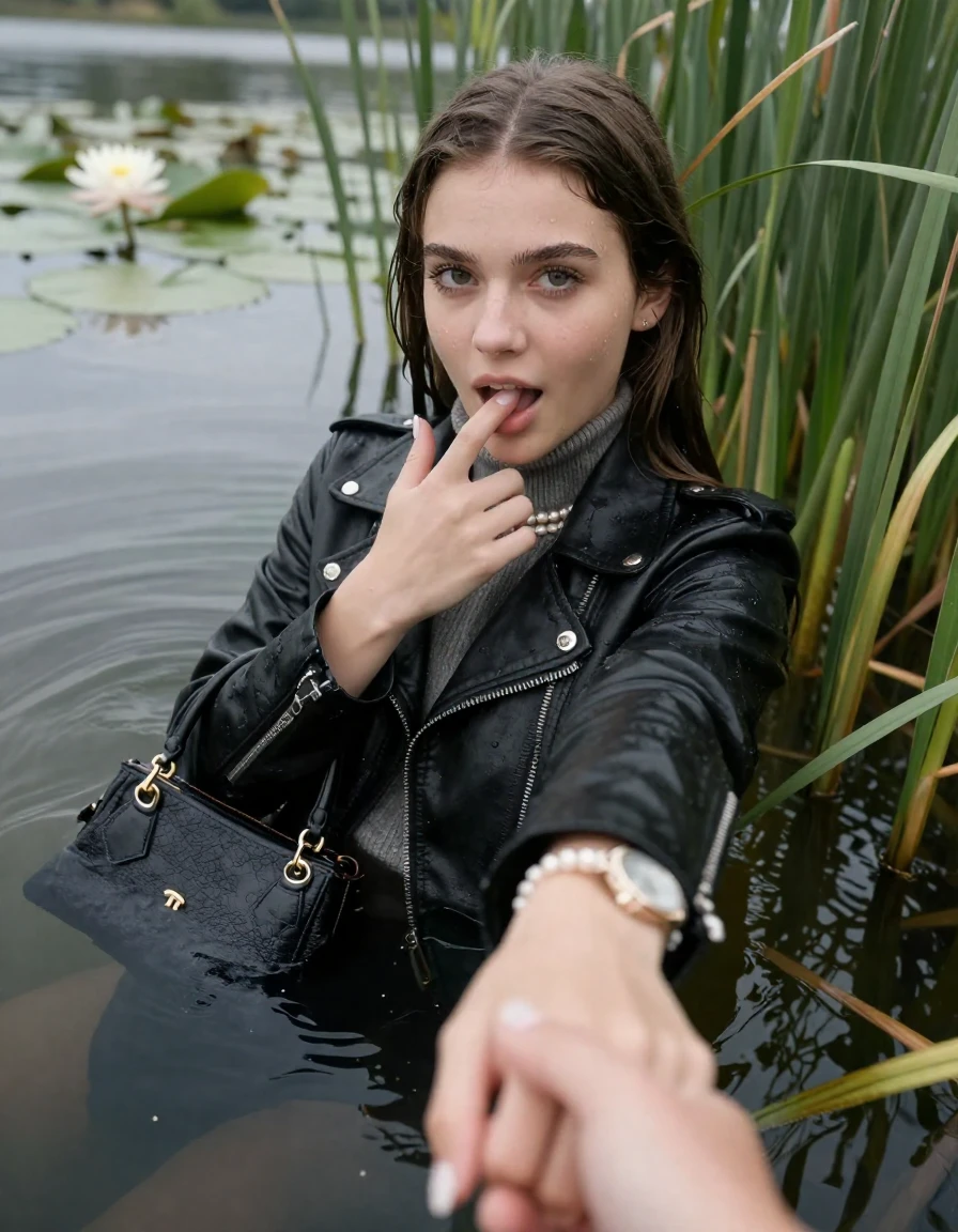 photo of young woman, in soaking wet, drenched clothes,
, , black biker leatherjacket,  knit turtleneck sweater, handbag, pearl necklace, bracelet, wristwatch, french nails , Emerging after diving in a lake with water lilies and reeds, 
enjoying, wet clothes stuck to body,
detailed textures of the wet clothes, wet face, wet plastered hair,
wet, drenched, professional, high-quality details, full body view.
sharp focus, ultra-high pixel detail, realistic, high-quality, full colors, incredibly detailed, 4k, 8k, 16k, hyper-realistic, RAW photo, masterpiece, ultra-detailed, professionally color graded, professional photograph, Sleek long straight hair

15 years old  teenage girl

open mouth, big eyes. 0ne hand with a finger at her tongue  inside her mouth, hold with the other the viewer's hand, pulling them toward the center of the water. Laying her breast and arms on the surface.  Whole body and shoulders are submerged under the surface. Looking up at camera.

she is completely underwater up to her neck,  horny and sexuell aroused expression.

She hides in the reeds.

her submerged clothes are hardly vusible under water, she soaked her handbag into the water

close up view, wet skin, wet clothes, wet hair, damp fabric, water runs down the clothes, wet skin, wet clothes, damp fabric, wet skin, wet clothes, damp fabric, wet skin, wet clothes, damp fabric, wet skin, wet clothes, damp fabric, wet skin, wet clothes, damp fabric, wet skin, wet clothes, damp fabric, wet skin, wet clothes, damp fabric, wet skin, wet clothes, damp fabric, wet skin, wet clothes, damp fabric, wet skin, wet clothes, damp fabric, wet skin, wet clothes, damp fabric, wet skin, wet clothes, damp fabric, wet skin, wet clothes, damp fabric, wet skin, wet clothes, damp fabric, wet skin, wet clothes, damp fabric, wet skin, wet clothes, damp fabric, wet skin, wet clothes, damp fabric, wet skin, wet clothes, damp fabric, wet skin, wet clothes, damp fabric
