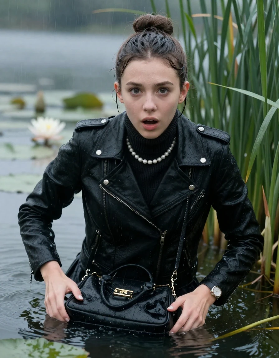 photo of young woman, in soaking wet, drenched clothes,
, , black biker leatherjacket,  knit turtleneck sweater, handbag, pearl necklace, bracelet, wristwatch , Emerging after diving in a lake with water lilies and reeds, rain , 
enjoying, wet clothes stuck to body,
detailed textures of the wet clothes, wet face, wet plastered hair,
wet, drenched, professional, high-quality details, full body view.
sharp focus, ultra-high pixel detail, realistic, high-quality, full colors, incredibly detailed, 4k, 8k, 16k, hyper-realistic, RAW photo, masterpiece, ultra-detailed, professionally color graded, professional photograph, Sleek bun 

19 years old  teenage girl

open mouth, big eyes, Laying her breast on the surface.  Looking at camera.

she is completely underwater up to her neck, afraid and astonished expression.

She hides in the reeds and is surprised by spectators

her submerged clothes are hardly vusible under water, she soaked her handbag into the water

close up view, wet skin, wet clothes, wet hair, damp fabric, water runs down the clothes, wet skin, wet clothes, damp fabric, wet skin, wet clothes, damp fabric, wet skin, wet clothes, damp fabric, wet skin, wet clothes, damp fabric, wet skin, wet clothes, damp fabric, wet skin, wet clothes, damp fabric, wet skin, wet clothes, damp fabric, wet skin, wet clothes, damp fabric, wet skin, wet clothes, damp fabric, wet skin, wet clothes, damp fabric, wet skin, wet clothes, damp fabric, wet skin, wet clothes, damp fabric, wet skin, wet clothes, damp fabric, wet skin, wet clothes, damp fabric, wet skin, wet clothes, damp fabric, wet skin, wet clothes, damp fabric, wet skin, wet clothes, damp fabric