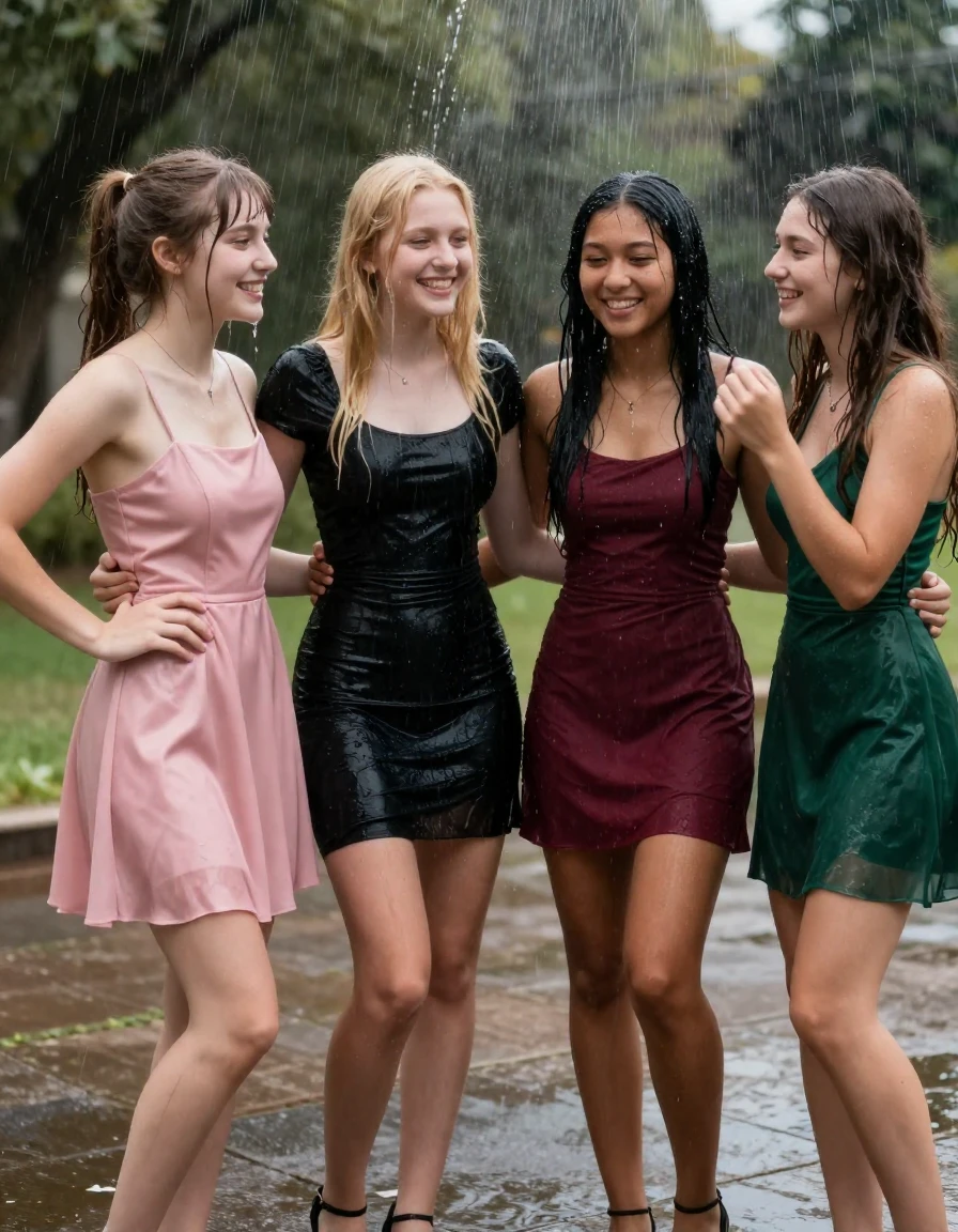 photo of young woman, in soaking wet, drenched clothes,
, , dress, 4 college girls playing at a dance when it started pouring water from the ceiling on them, 
enjoying, wet clothes stuck to body,
detailed textures of the wet clothes, wet face, wet plastered hair,
wet, drenched, professional, high-quality details, full body view.
sharp focus, ultra-high pixel detail, realistic, high-quality, full colors, incredibly detailed, 4k, 8k, 16k, hyper-realistic, RAW photo, masterpiece, ultra-detailed, professionally color graded, professional photograph, college girls both having fun together. All a similar age, a nineteen year old girl, with a flat and slim body, skinny body, flat and skinny chest, a She has a wide square young face but a small very skinny waist and skinny legs, a very small chest and very small breasts, she is a pale brunette with ponytail and bangs, She has a small body, She is full of youthful energy. wearing a pink formal satin cocktail dress with a straight neckline and 2 straps, she has her hands on her hips,. Her friend has blonde hair and is quite skinny, ,a wide square face, she is wearing a fit black short sleeve coctail dress. The third girl is 19, with a tan complexion and dark black hair, she is wearing a maroon mini dress, The 4th girl is brunette with a small body and thin legs, she is wearing a green prom dress, all of them except the blonde girl have very small breasts. wet skin, wet clothes, damp fabric,, wet skin, wet clothes, damp fabric, wet skin, wet clothes, damp fabric, wet skin, wet clothes, damp fabric, wet skin, wet clothes, damp fabric, wet skin, wet clothes, damp fabric, wet skin, wet clothes, damp fabric