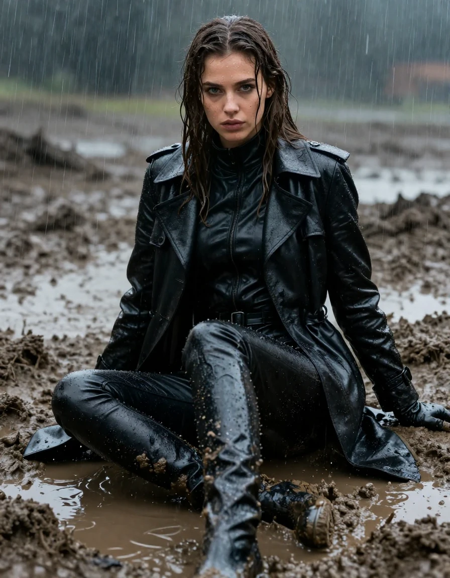 A photorealistic medium shot of a young adult European woman with long, dripping wet brown hair, sitting in a mud pit during a heavy rainstorm. She is wearing a black leather polar neck shirt, a black leather trench coat, and black leather gloves on both hands. Her legs are clad in black leather jeans that are heavily coated in thick mud and drenched by the downpour, creating a dark, slick, and highly reflective surface texture. The leather garments are saturated, showing heavy creases, clinging to her form, and glistening with intense water sheen and specular highlights. Her skin is wet and glistening, streaked with mud, and her hair is matted and heavy with moisture. She is sitting in a muddy field, surrounded by mud splatter, as heavy rain pours down, creating ripples in the mud and water droplets clinging to every surface. The lighting is moody and cinematic, emphasizing the contrast between the deep, wet black leather and the textured, mud-caked environment. High-detail, sharp focus, 8k resolution, realistic rain physics, wet skin texture, hyper-realistic fabric weight, no nudity, fully clothed, clean anatomy.