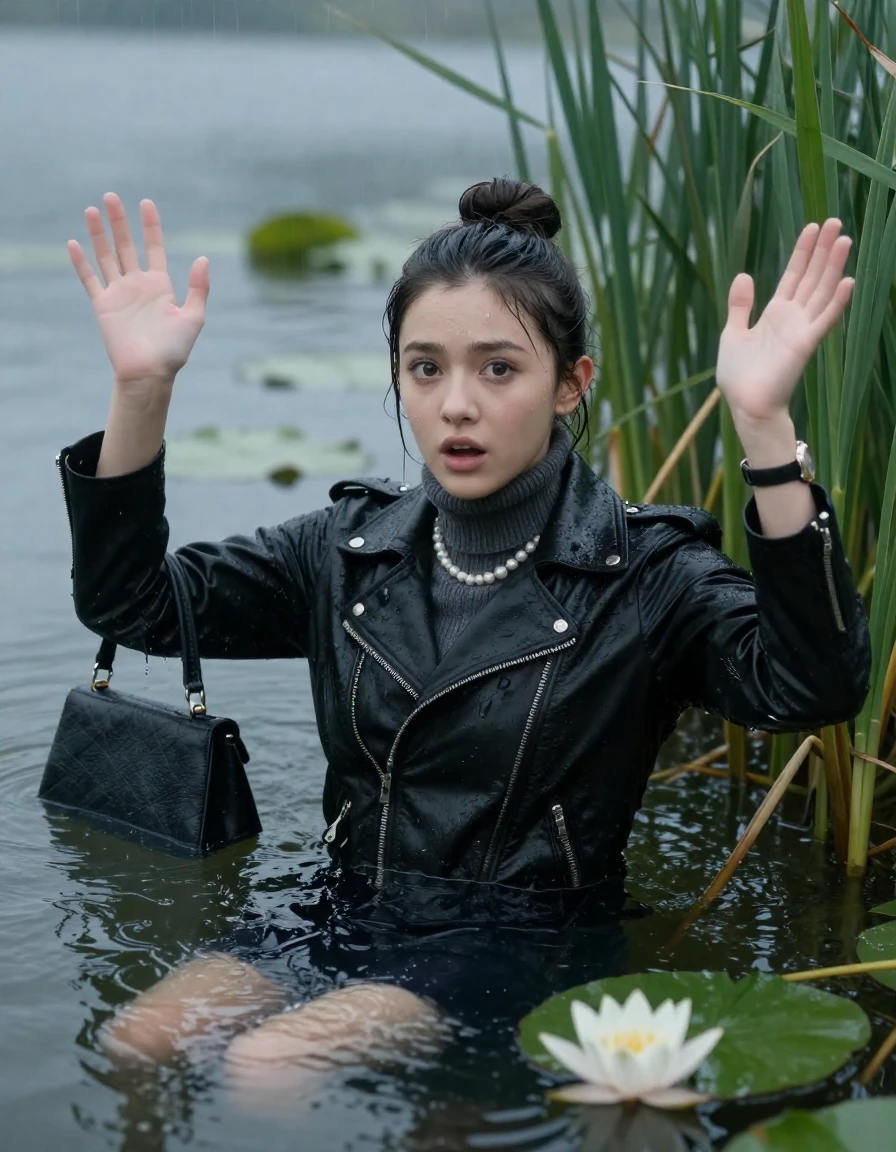 photo of young woman, in soaking wet, drenched clothes,
, , black biker leatherjacket,  knit turtleneck sweater, handbag, pearl necklace, bracelet, wristwatch , Emerging after diving in a lake with water lilies and reeds, rain , 
enjoying, wet clothes stuck to body,
detailed textures of the wet clothes, wet face, wet plastered hair,
wet, drenched, professional, high-quality details, full body view.
sharp focus, ultra-high pixel detail, realistic, high-quality, full colors, incredibly detailed, 4k, 8k, 16k, hyper-realistic, RAW photo, masterpiece, ultra-detailed, professionally color graded, professional photograph, Sleek bun 

19 years old  teenage girl

open mouth, big eyes. Hands up. Laying her breast and arms on the surface.  Whole body and shoulders are submerged under the surface. Looking at camera.

she is completely underwater up to her neck, afraid and astonished expression.

She hides in the reeds and is surprised by spectators

her submerged clothes are hardly vusible under water, she soaked her handbag into the water

close up view, wet skin, wet clothes, wet hair, damp fabric, water runs down the clothes, wet skin, wet clothes, damp fabric, wet skin, wet clothes, damp fabric, wet skin, wet clothes, damp fabric, wet skin, wet clothes, damp fabric, wet skin, wet clothes, damp fabric, wet skin, wet clothes, damp fabric, wet skin, wet clothes, damp fabric, wet skin, wet clothes, damp fabric, wet skin, wet clothes, damp fabric, wet skin, wet clothes, damp fabric, wet skin, wet clothes, damp fabric, wet skin, wet clothes, damp fabric, wet skin, wet clothes, damp fabric, wet skin, wet clothes, damp fabric, wet skin, wet clothes, damp fabric, wet skin, wet clothes, damp fabric, wet skin, wet clothes, damp fabric