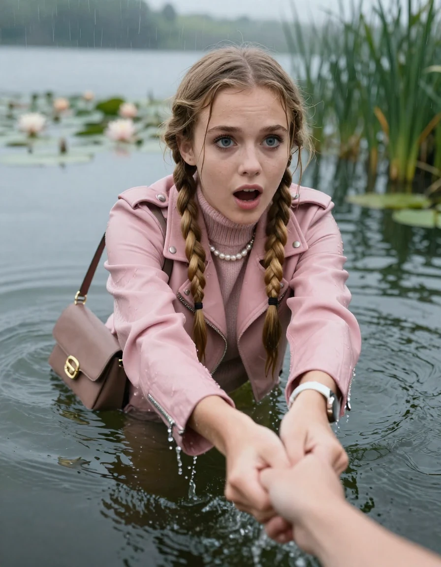 photo of young woman, in soaking wet, drenched clothes,
, , light pink biker leatherjacket,  knit turtleneck sweater, handbag, pearl necklace, bracelet, wristwatch , Emerging after diving in a lake with water lilies and reeds, rain , 
enjoying, wet clothes stuck to body,
detailed textures of the wet clothes, wet face, wet plastered hair,
wet, drenched, professional, high-quality details, full body view.
sharp focus, ultra-high pixel detail, realistic, high-quality, full colors, incredibly detailed, 4k, 8k, 16k, hyper-realistic, RAW photo, masterpiece, ultra-detailed, professionally color graded, professional photograph, two blonde sleek long braids

19 years old  teenage girl, afraid and astonished expression.

open mouth, big eyes. hold with her hands the female viewer's hand, pulling them toward the center of the water. Laying her breast and arms on the surface.  Whole body and shoulders are submerged under the surface.

she is completely underwater up to her neck. leaning slightly forewards.

her submerged clothes are hardly vusible under water, she soaked her handbag into the water

close up view, wet skin, wet clothes, wet hair, damp fabric, water runs down the clothes, wet skin, wet clothes, damp fabric, wet skin, wet clothes, damp fabric, wet skin, wet clothes, damp fabric, wet skin, wet clothes, damp fabric, wet skin, wet clothes, damp fabric, wet skin, wet clothes, damp fabric, wet skin, wet clothes, damp fabric, wet skin, wet clothes, damp fabric, wet skin, wet clothes, damp fabric, wet skin, wet clothes, damp fabric, wet skin, wet clothes, damp fabric, wet skin, wet clothes, damp fabric, wet skin, wet clothes, damp fabric, wet skin, wet clothes, damp fabric, wet skin, wet clothes, damp fabric, wet skin, wet clothes, damp fabric, wet skin, wet clothes, damp fabric, wet skin, wet clothes, damp fabric, wet skin, wet clothes, damp fabric