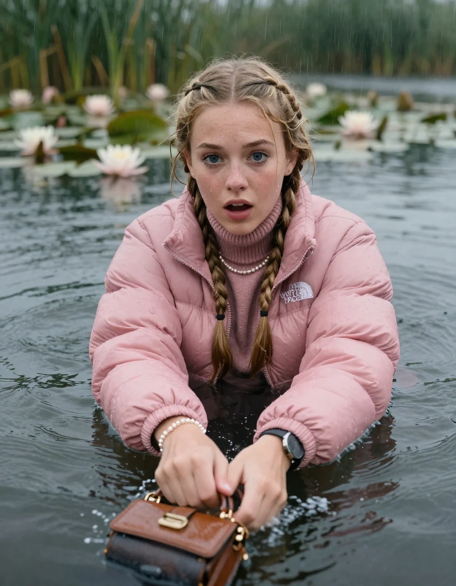 photo of young woman, in soaking wet, drenched clothes,
, , pink puffer down jacket from north face,  knit turtleneck sweater, handbag, pearl necklace, bracelet, wristwatch , swimming in a lake with water lilies and reeds, rain , 
enjoying, wet clothes stuck to body,
detailed textures of the wet clothes, wet face, wet plastered hair,
wet, drenched, professional, high-quality details, full body view.
sharp focus, ultra-high pixel detail, realistic, high-quality, full colors, incredibly detailed, 4k, 8k, 16k, hyper-realistic, RAW photo, masterpiece, ultra-detailed, professionally color graded, professional photograph, two blonde sleek long braids

19 years old  teenage girl, afraid and astonished expression.

open mouth, big eyes. hold with her hands the female viewer's hand, pulling them toward the center of the water. Laying her breast and arms on the surface.  Whole body and shoulders are submerged under the surface.

she is completely underwater up to her neck. leaning slightly forewards.

her submerged clothes are hardly vusible under water, she soaked her handbag into the water

close up view, wet skin, wet clothes, wet hair, damp fabric, water runs down the clothes, wet skin, wet clothes, damp fabric, wet skin, wet clothes, damp fabric, wet skin, wet clothes, damp fabric, wet skin, wet clothes, damp fabric, wet skin, wet clothes, damp fabric, wet skin, wet clothes, damp fabric, wet skin, wet clothes, damp fabric, wet skin, wet clothes, damp fabric, wet skin, wet clothes, damp fabric, wet skin, wet clothes, damp fabric, wet skin, wet clothes, damp fabric, wet skin, wet clothes, damp fabric, wet skin, wet clothes, damp fabric, wet skin, wet clothes, damp fabric, wet skin, wet clothes, damp fabric, wet skin, wet clothes, damp fabric, wet skin, wet clothes, damp fabric, wet skin, wet clothes, damp fabric, wet skin, wet clothes, damp fabric, wet skin, wet clothes, damp fabric