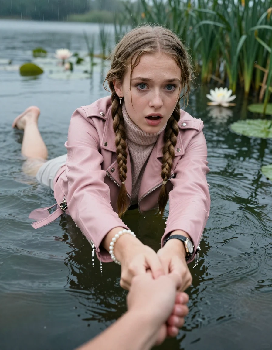 photo of young woman, in soaking wet, drenched clothes,
, , light pink biker leatherjacket,  knit turtleneck sweater, handbag, pearl necklace, bracelet, wristwatch , Climbing  out of a lake with water lilies and reeds, rain , 
enjoying, wet clothes stuck to body,
detailed textures of the wet clothes, wet face, wet plastered hair,
wet, drenched, professional, high-quality details, full body view.
sharp focus, ultra-high pixel detail, realistic, high-quality, full colors, incredibly detailed, 4k, 8k, 16k, hyper-realistic, RAW photo, masterpiece, ultra-detailed, professionally color graded, professional photograph, two blonde sleek long braids

19 years old  teenage girl, afraid and astonished expression.

open mouth, big eyes. hold with her hands the female viewer's hand, pulling them toward the center of the water. Laying her breast and arms on the surface.  Whole body and shoulders are submerged under the surface.

she is completely underwater up to her neck. leaning slightly forewards.

her submerged clothes are hardly vusible under water, she soaked her handbag into the water

close up view, wet skin, wet clothes, wet hair, damp fabric, water runs down the clothes, wet skin, wet clothes, damp fabric, wet skin, wet clothes, damp fabric, wet skin, wet clothes, damp fabric, wet skin, wet clothes, damp fabric, wet skin, wet clothes, damp fabric, wet skin, wet clothes, damp fabric, wet skin, wet clothes, damp fabric, wet skin, wet clothes, damp fabric, wet skin, wet clothes, damp fabric, wet skin, wet clothes, damp fabric, wet skin, wet clothes, damp fabric, wet skin, wet clothes, damp fabric, wet skin, wet clothes, damp fabric, wet skin, wet clothes, damp fabric, wet skin, wet clothes, damp fabric, wet skin, wet clothes, damp fabric, wet skin, wet clothes, damp fabric, wet skin, wet clothes, damp fabric, wet skin, wet clothes, damp fabric