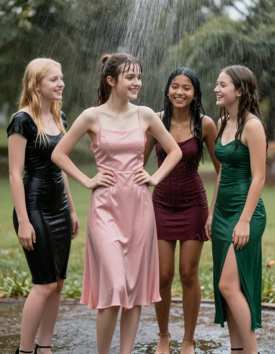 photo of young woman, in soaking wet, drenched clothes,
, , dress, 4 college girls playing at a dance when it started pouring water from the ceiling on them, 
enjoying, wet clothes stuck to body,
detailed textures of the wet clothes, wet face, wet plastered hair,
wet, drenched, professional, high-quality details, full body view.
sharp focus, ultra-high pixel detail, realistic, high-quality, full colors, incredibly detailed, 4k, 8k, 16k, hyper-realistic, RAW photo, masterpiece, ultra-detailed, professionally color graded, professional photograph, college girls both having fun together. All a similar age, a nineteen year old girl, with a flat and slim body, skinny body, flat and skinny chest, a She has a wide square young face but a small very skinny waist and skinny legs, a very small chest and very small breasts, she is a pale brunette with ponytail and bangs, She has a small body, She is full of youthful energy. wearing a pink formal satin cocktail dress with a straight neckline and loose dress straps, her right dress strap has fallen off her shoulder and down her arm, she has her hands on her hips,. Her friend has blonde hair and is quite skinny, ,a wide square face, she is wearing a fit black short sleeve coctail dress. The third girl is 19, with a tan complexion and dark black hair, she is wearing a maroon mini dress, The 4th girl is brunette with a small body and thin legs, she is wearing a green prom dress, all of them except the blonde girl have very small breasts. wet skin, wet clothes, damp fabric,, wet skin, wet clothes, damp fabric, wet skin, wet clothes, damp fabric, wet skin, wet clothes, damp fabric, wet skin, wet clothes, damp fabric, wet skin, wet clothes, damp fabric, wet skin, wet clothes, damp fabric
