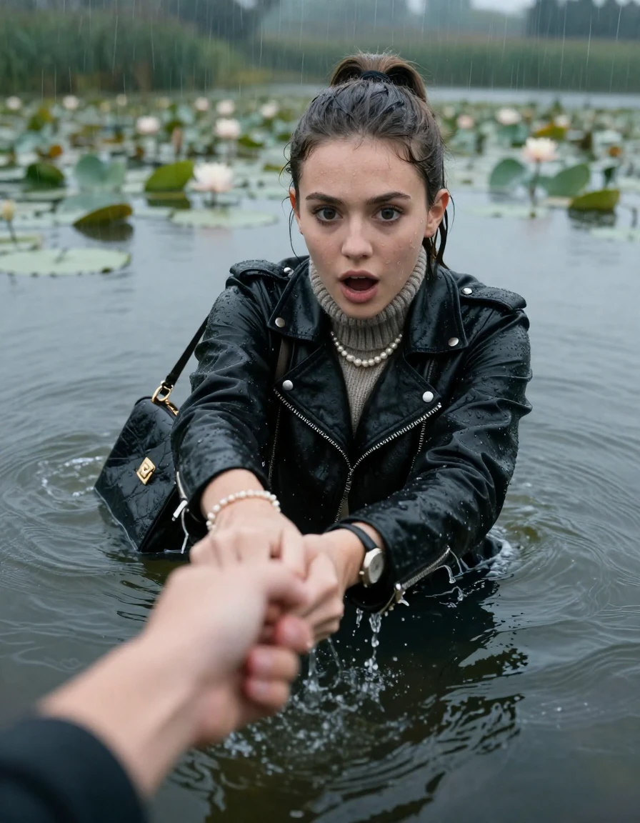 photo of young woman, in soaking wet, drenched clothes,
, , black biker leatherjacket,  knit turtleneck sweater, handbag, pearl necklace, bracelet, wristwatch , Emerging after diving in a lake with water lilies and reeds, rain , 
enjoying, wet clothes stuck to body,
detailed textures of the wet clothes, wet face, wet plastered hair,
wet, drenched, professional, high-quality details, full body view.
sharp focus, ultra-high pixel detail, realistic, high-quality, full colors, incredibly detailed, 4k, 8k, 16k, hyper-realistic, RAW photo, masterpiece, ultra-detailed, professionally color graded, professional photograph, brunette Sleek long ponytail with hairband

19 years old  teenage girl, stupified shocked expression.

open mouth, big eyes. hold with her hands the female viewer's hand, pulling them toward the center of the water. Laying her breast and arms on the surface.  Whole body and shoulders are submerged under the surface.

she is completely underwater up to her neck and is in danger of drowning.

her submerged clothes are hardly vusible under water, she soaked her handbag into the water

close up view, wet skin, wet clothes, wet hair, damp fabric, water runs down the clothes, wet skin, wet clothes, damp fabric, wet skin, wet clothes, damp fabric, wet skin, wet clothes, damp fabric, wet skin, wet clothes, damp fabric, wet skin, wet clothes, damp fabric, wet skin, wet clothes, damp fabric, wet skin, wet clothes, damp fabric, wet skin, wet clothes, damp fabric, wet skin, wet clothes, damp fabric, wet skin, wet clothes, damp fabric, wet skin, wet clothes, damp fabric, wet skin, wet clothes, damp fabric, wet skin, wet clothes, damp fabric, wet skin, wet clothes, damp fabric, wet skin, wet clothes, damp fabric, wet skin, wet clothes, damp fabric, wet skin, wet clothes, damp fabric, wet skin, wet clothes, damp fabric
