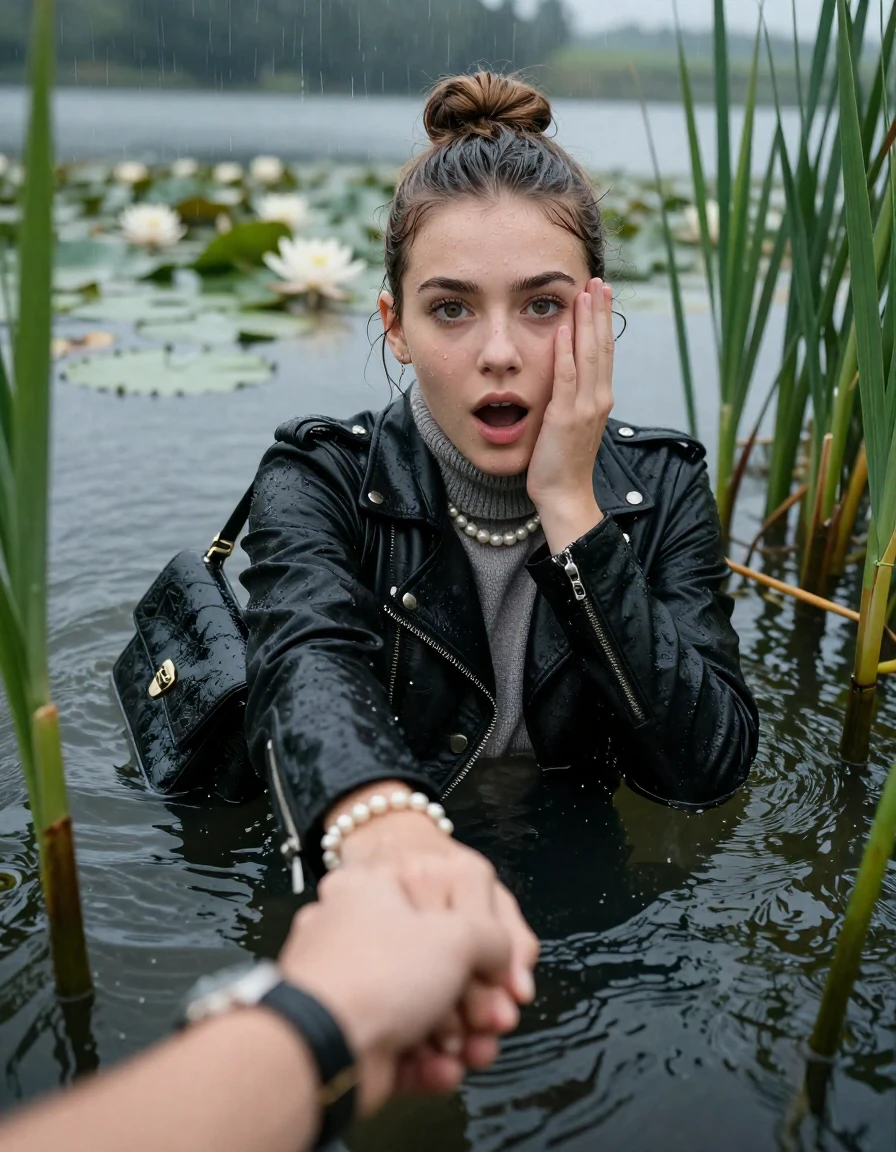 photo of young woman, in soaking wet, drenched clothes,
, , black biker leatherjacket,  knit turtleneck sweater, handbag, pearl necklace, bracelet, wristwatch , Emerging after diving in a lake with water lilies and reeds, rain , 
enjoying, wet clothes stuck to body,
detailed textures of the wet clothes, wet face, wet plastered hair,
wet, drenched, professional, high-quality details, full body view.
sharp focus, ultra-high pixel detail, realistic, high-quality, full colors, incredibly detailed, 4k, 8k, 16k, hyper-realistic, RAW photo, masterpiece, ultra-detailed, professionally color graded, professional photograph, Sleek bun 

19 years old  teenage girl

open mouth, big eyes. 0ne hand over face, hold with the other the viewer's hand, pulling them toward the center of the water. Laying her breast and arms on the surface.  Whole body and shoulders are submerged under the surface. Looking at camera.

she is completely underwater up to her neck,  stupified shocked expression.

She hides in the reeds and is surprised by spectators

her submerged clothes are hardly vusible under water, she soaked her handbag into the water

close up view, wet skin, wet clothes, wet hair, damp fabric, water runs down the clothes, wet skin, wet clothes, damp fabric, wet skin, wet clothes, damp fabric, wet skin, wet clothes, damp fabric, wet skin, wet clothes, damp fabric, wet skin, wet clothes, damp fabric, wet skin, wet clothes, damp fabric, wet skin, wet clothes, damp fabric, wet skin, wet clothes, damp fabric, wet skin, wet clothes, damp fabric, wet skin, wet clothes, damp fabric, wet skin, wet clothes, damp fabric, wet skin, wet clothes, damp fabric, wet skin, wet clothes, damp fabric, wet skin, wet clothes, damp fabric, wet skin, wet clothes, damp fabric, wet skin, wet clothes, damp fabric, wet skin, wet clothes, damp fabric, wet skin, wet clothes, damp fabric
