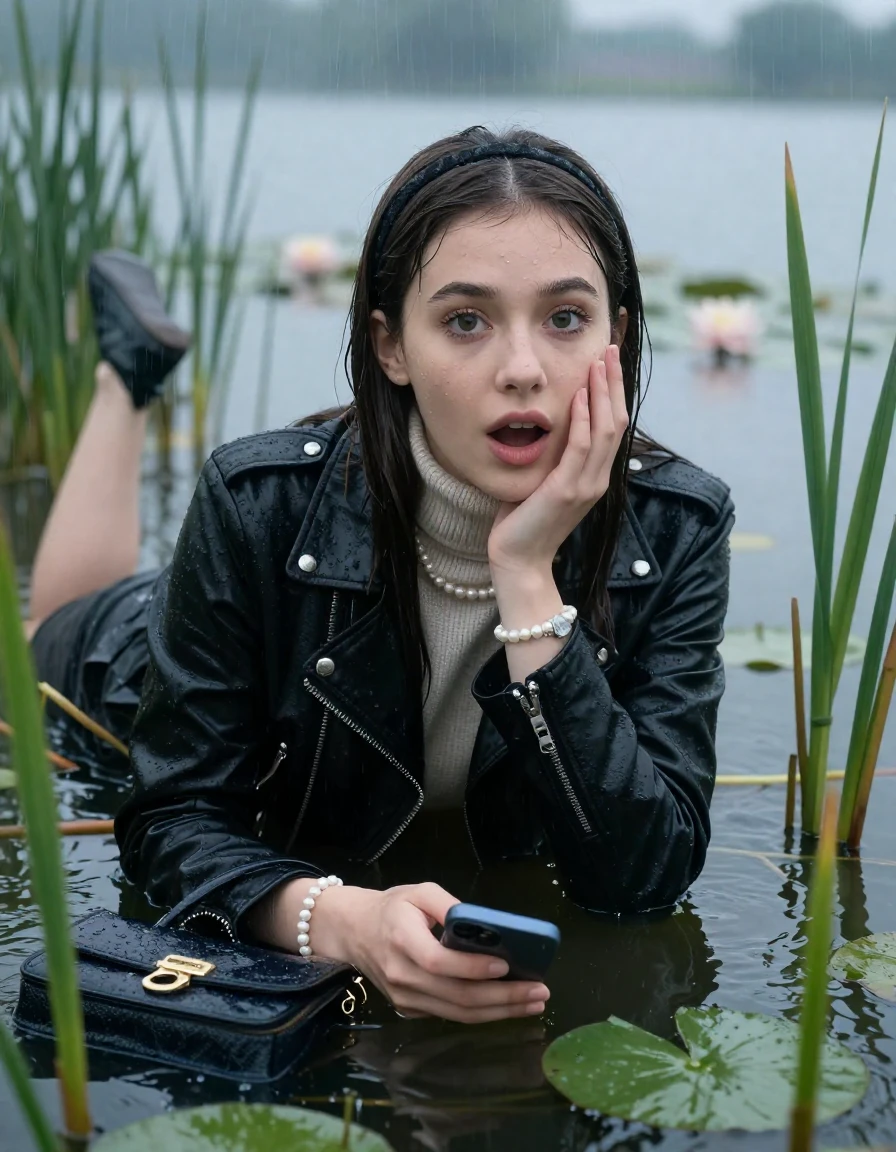 photo of young woman, in soaking wet, drenched clothes,
, , black biker leatherjacket,  knit turtleneck sweater, handbag, pearl necklace, bracelet, wristwatch , Emerging after diving in a lake with water lilies and reeds, rain , 
enjoying, wet clothes stuck to body,
detailed textures of the wet clothes, wet face, wet plastered hair,
wet, drenched, professional, high-quality details, full body view.
sharp focus, ultra-high pixel detail, realistic, high-quality, full colors, incredibly detailed, 4k, 8k, 16k, hyper-realistic, RAW photo, masterpiece, ultra-detailed, professionally color graded, professional photograph, Sleek long straight hair with hairband

19 years old  teenage girl

open mouth, big eyes, cover her chin with a hand and in the other hand her smartphone. Laying her breast on the surface.  Looking at camera.

she is completely underwater up to her neck, afraid and astonished expression.

She hides in the reeds and is surprised by spectators

her submerged clothes are hardly vusible under water, she soaked her handbag into the water

close up view, wet skin, wet clothes, wet hair, damp fabric, water runs down the clothes, wet skin, wet clothes, damp fabric, wet skin, wet clothes, damp fabric, wet skin, wet clothes, damp fabric, wet skin, wet clothes, damp fabric, wet skin, wet clothes, damp fabric, wet skin, wet clothes, damp fabric, wet skin, wet clothes, damp fabric, wet skin, wet clothes, damp fabric, wet skin, wet clothes, damp fabric, wet skin, wet clothes, damp fabric, wet skin, wet clothes, damp fabric, wet skin, wet clothes, damp fabric, wet skin, wet clothes, damp fabric, wet skin, wet clothes, damp fabric, wet skin, wet clothes, damp fabric, wet skin, wet clothes, damp fabric, wet skin, wet clothes, damp fabric