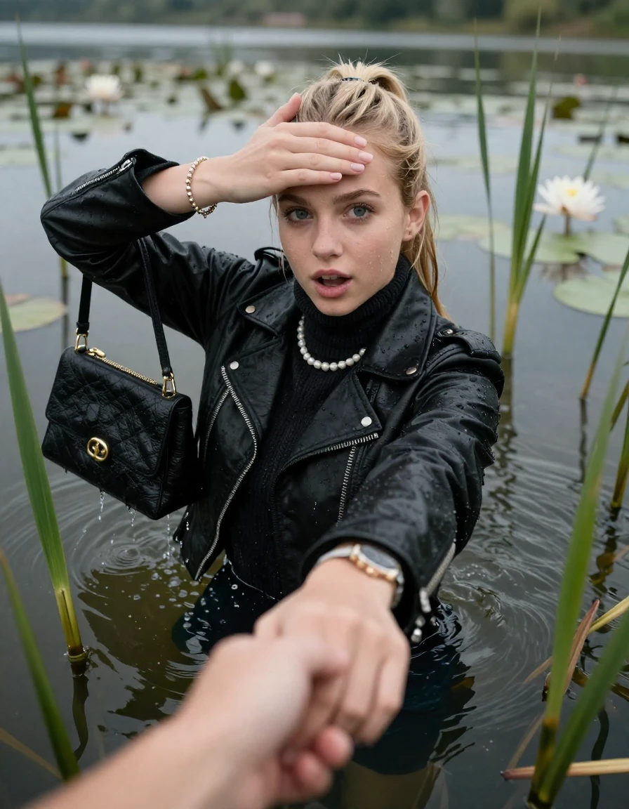 photo of young woman, in soaking wet, drenched clothes,
, , black biker leatherjacket,  knit turtleneck sweater, handbag, pearl necklace, bracelet, wristwatch , Emerging after diving in a lake with water lilies and reeds, 
enjoying, wet clothes stuck to body,
detailed textures of the wet clothes, wet face, wet plastered hair,
wet, drenched, professional, high-quality details, full body view.
sharp focus, ultra-high pixel detail, realistic, high-quality, full colors, incredibly detailed, 4k, 8k, 16k, hyper-realistic, RAW photo, masterpiece, ultra-detailed, professionally color graded, professional photograph, blonde Sleek long ponytail with hairband

15 years old  teenage girl

open mouth, big eyes. 0ne hand on forehead, hold with the other the viewer's hand, pulling them toward the center of the water. Laying her breast and arms on the surface.  Whole body and shoulders are submerged under the surface. Looking at camera.

she is completely underwater up to her neck,  gasping expression.

She hides in the reeds.

her submerged clothes are hardly vusible under water, she soaked her handbag into the water

close up view, wet skin, wet clothes, wet hair, damp fabric, water runs down the clothes, wet skin, wet clothes, damp fabric, wet skin, wet clothes, damp fabric, wet skin, wet clothes, damp fabric, wet skin, wet clothes, damp fabric, wet skin, wet clothes, damp fabric, wet skin, wet clothes, damp fabric, wet skin, wet clothes, damp fabric, wet skin, wet clothes, damp fabric, wet skin, wet clothes, damp fabric, wet skin, wet clothes, damp fabric, wet skin, wet clothes, damp fabric, wet skin, wet clothes, damp fabric, wet skin, wet clothes, damp fabric, wet skin, wet clothes, damp fabric, wet skin, wet clothes, damp fabric, wet skin, wet clothes, damp fabric, wet skin, wet clothes, damp fabric, wet skin, wet clothes, damp fabric, wet skin, wet clothes, damp fabric