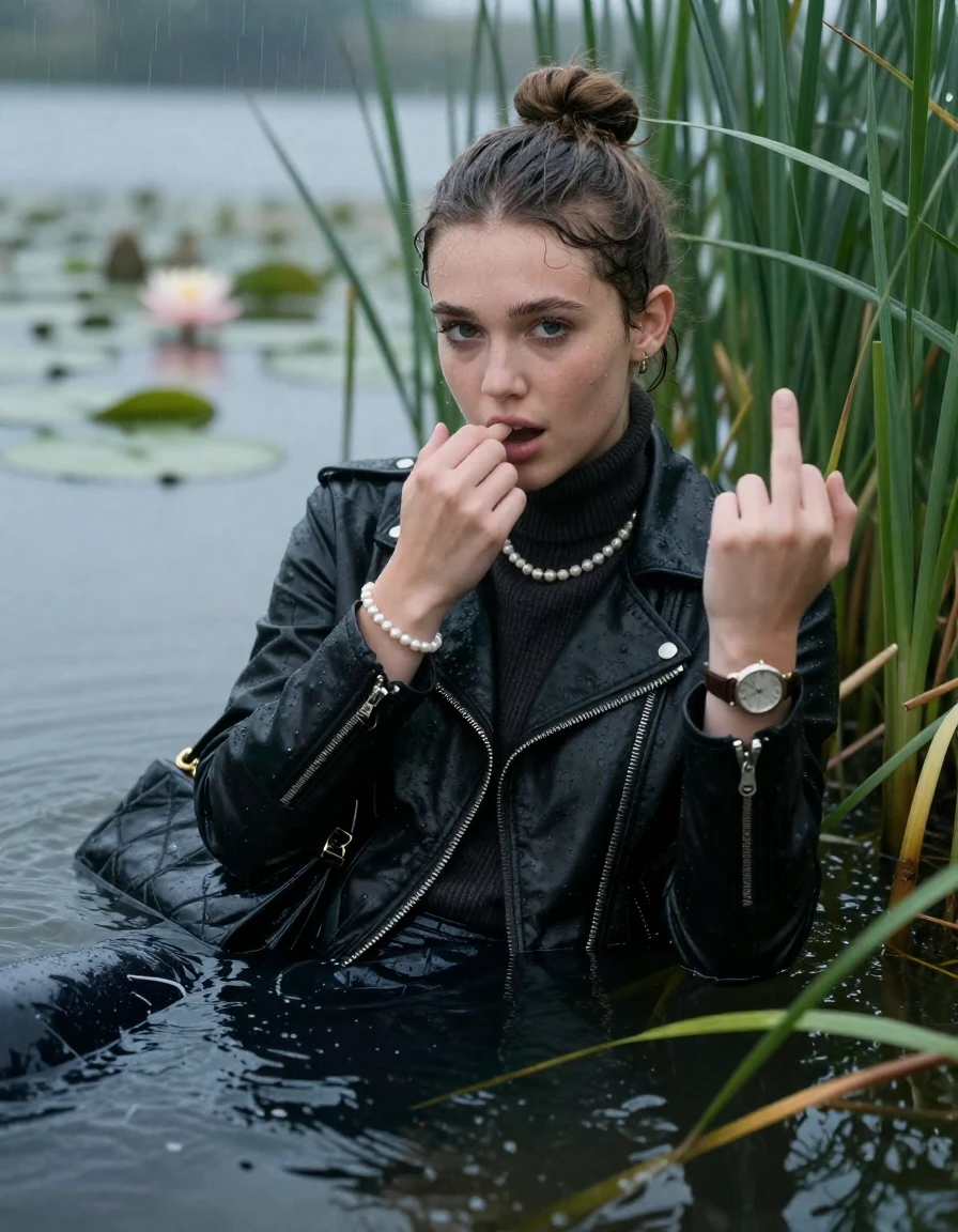photo of young woman, in soaking wet, drenched clothes,
, , black biker leatherjacket,  knit turtleneck sweater, handbag, pearl necklace, bracelet, wristwatch , Emerging after diving in a lake with water lilies and reeds, rain , 
enjoying, wet clothes stuck to body,
detailed textures of the wet clothes, wet face, wet plastered hair,
wet, drenched, professional, high-quality details, full body view.
sharp focus, ultra-high pixel detail, realistic, high-quality, full colors, incredibly detailed, 4k, 8k, 16k, hyper-realistic, RAW photo, masterpiece, ultra-detailed, professionally color graded, professional photograph, Sleek bun 

19 years old  teenage girl

open mouth, big eyes. 0ne hand over mouth, a hand raised with the middle finger up. Laying her breast and arms on the surface.  Whole body and shoulders are submerged under the surface. Looking at camera.

she is completely underwater up to her neck,  bored expression.

She hides in the reeds and is surprised by spectators

her submerged clothes are hardly vusible under water, she soaked her handbag into the water

close up view, wet skin, wet clothes, wet hair, damp fabric, water runs down the clothes, wet skin, wet clothes, damp fabric, wet skin, wet clothes, damp fabric, wet skin, wet clothes, damp fabric, wet skin, wet clothes, damp fabric, wet skin, wet clothes, damp fabric, wet skin, wet clothes, damp fabric, wet skin, wet clothes, damp fabric, wet skin, wet clothes, damp fabric, wet skin, wet clothes, damp fabric, wet skin, wet clothes, damp fabric, wet skin, wet clothes, damp fabric, wet skin, wet clothes, damp fabric, wet skin, wet clothes, damp fabric, wet skin, wet clothes, damp fabric, wet skin, wet clothes, damp fabric, wet skin, wet clothes, damp fabric, wet skin, wet clothes, damp fabric, wet skin, wet clothes, damp fabric