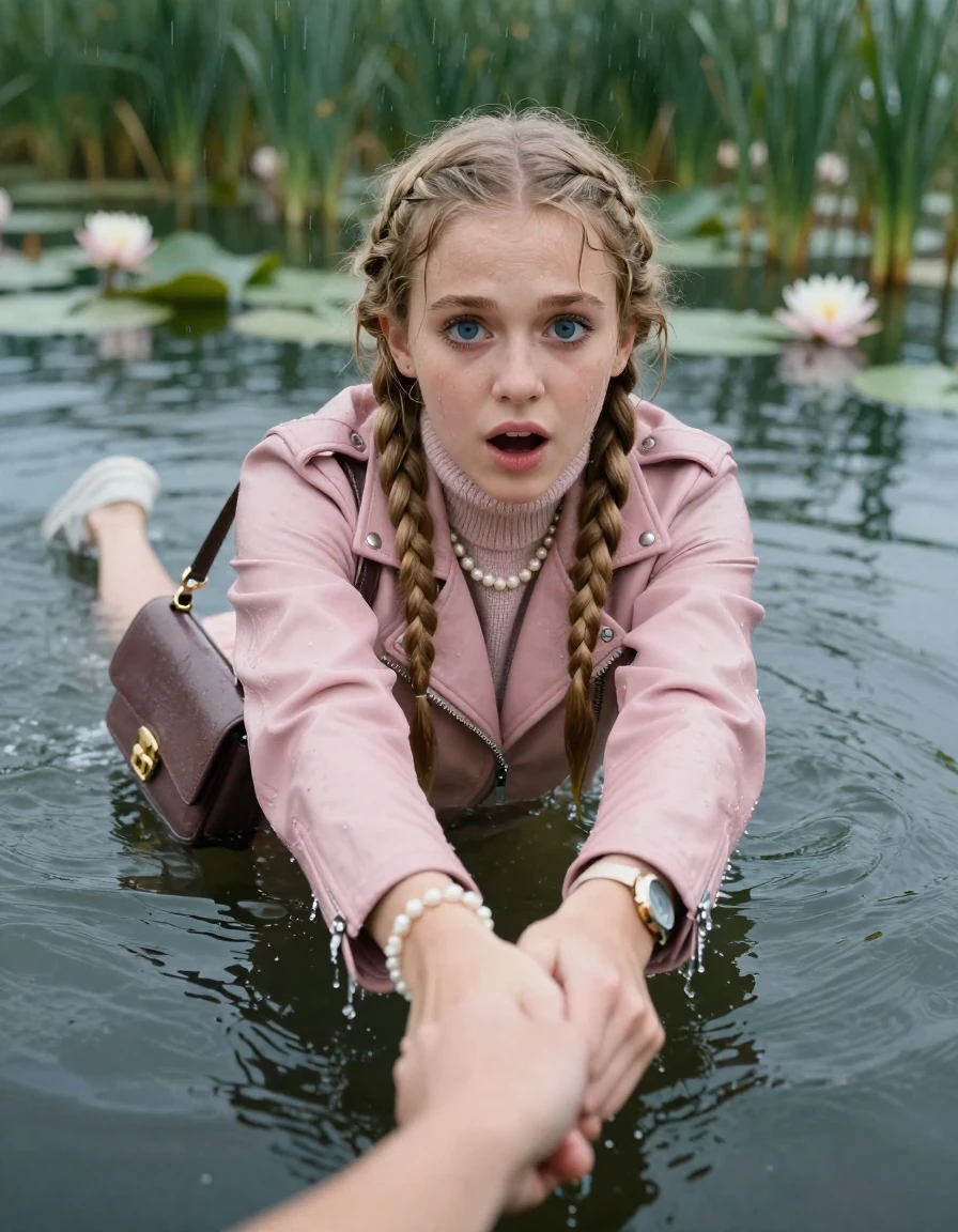photo of young woman, in soaking wet, drenched clothes,
, , light pink biker leatherjacket,  knit turtleneck sweater, handbag, pearl necklace, bracelet, wristwatch , Emerging after diving in a lake with water lilies and reeds, rain , 
enjoying, wet clothes stuck to body,
detailed textures of the wet clothes, wet face, wet plastered hair,
wet, drenched, professional, high-quality details, full body view.
sharp focus, ultra-high pixel detail, realistic, high-quality, full colors, incredibly detailed, 4k, 8k, 16k, hyper-realistic, RAW photo, masterpiece, ultra-detailed, professionally color graded, professional photograph, two blonde sleek long braids

19 years old  teenage girl, afraid and astonished expression.

open mouth, big eyes. hold with her hands the female viewer's hand, pulling them toward the center of the water. Laying her breast and arms on the surface.  Whole body and shoulders are submerged under the surface.

she is completely underwater up to her neck. leaning slightly forewards.

her submerged clothes are hardly vusible under water, she soaked her handbag into the water

close up view, wet skin, wet clothes, wet hair, damp fabric, water runs down the clothes, wet skin, wet clothes, damp fabric, wet skin, wet clothes, damp fabric, wet skin, wet clothes, damp fabric, wet skin, wet clothes, damp fabric, wet skin, wet clothes, damp fabric, wet skin, wet clothes, damp fabric, wet skin, wet clothes, damp fabric, wet skin, wet clothes, damp fabric, wet skin, wet clothes, damp fabric, wet skin, wet clothes, damp fabric, wet skin, wet clothes, damp fabric, wet skin, wet clothes, damp fabric, wet skin, wet clothes, damp fabric, wet skin, wet clothes, damp fabric, wet skin, wet clothes, damp fabric, wet skin, wet clothes, damp fabric, wet skin, wet clothes, damp fabric, wet skin, wet clothes, damp fabric, wet skin, wet clothes, damp fabric