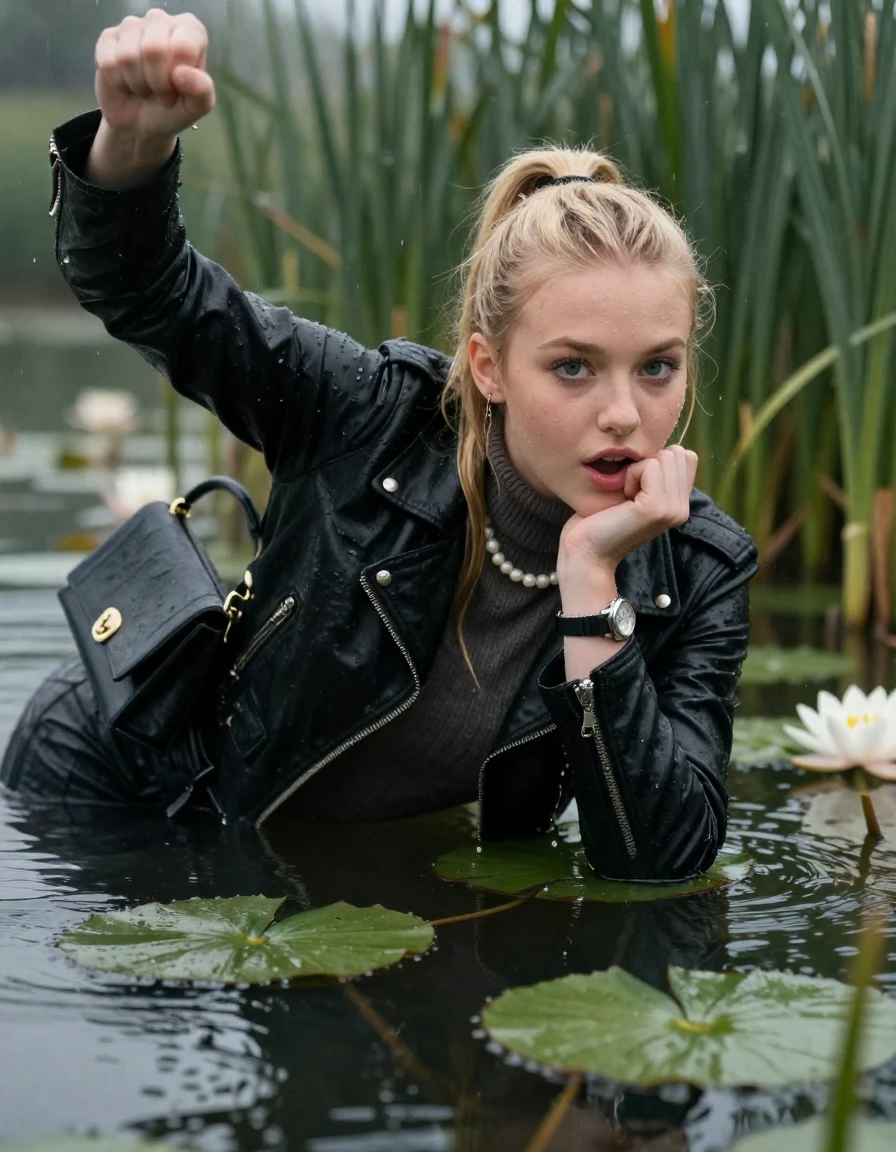 photo of young woman, in soaking wet, drenched clothes,
, , black biker leatherjacket,  knit turtleneck sweater, handbag, pearl necklace, bracelet, wristwatch , Emerging after diving in a lake with water lilies and reeds, rain , 
enjoying, wet clothes stuck to body,
detailed textures of the wet clothes, wet face, wet plastered hair,
wet, drenched, professional, high-quality details, full body view.
sharp focus, ultra-high pixel detail, realistic, high-quality, full colors, incredibly detailed, 4k, 8k, 16k, hyper-realistic, RAW photo, masterpiece, ultra-detailed, professionally color graded, professional photograph, blonde Sleek long ponytail with hairband

19 years old  teenage girl

open mouth, big eyes. 0ne hand on chin, hold with the other her friends hand, pulling them toward the center of the water. Laying her breast and arms on the surface.  Whole body and shoulders are submerged under the surface. Looking at camera.

she is completely underwater up to her neck, spits out water and gasps for air.

She hides in the reeds and is surprised by spectators

her submerged clothes are hardly vusible under water, she soaked her handbag into the water

close up view, wet skin, wet clothes, wet hair, damp fabric, water runs down the clothes, wet skin, wet clothes, damp fabric, wet skin, wet clothes, damp fabric, wet skin, wet clothes, damp fabric, wet skin, wet clothes, damp fabric, wet skin, wet clothes, damp fabric, wet skin, wet clothes, damp fabric, wet skin, wet clothes, damp fabric, wet skin, wet clothes, damp fabric, wet skin, wet clothes, damp fabric, wet skin, wet clothes, damp fabric, wet skin, wet clothes, damp fabric, wet skin, wet clothes, damp fabric, wet skin, wet clothes, damp fabric, wet skin, wet clothes, damp fabric, wet skin, wet clothes, damp fabric, wet skin, wet clothes, damp fabric, wet skin, wet clothes, damp fabric, wet skin, wet clothes, damp fabric