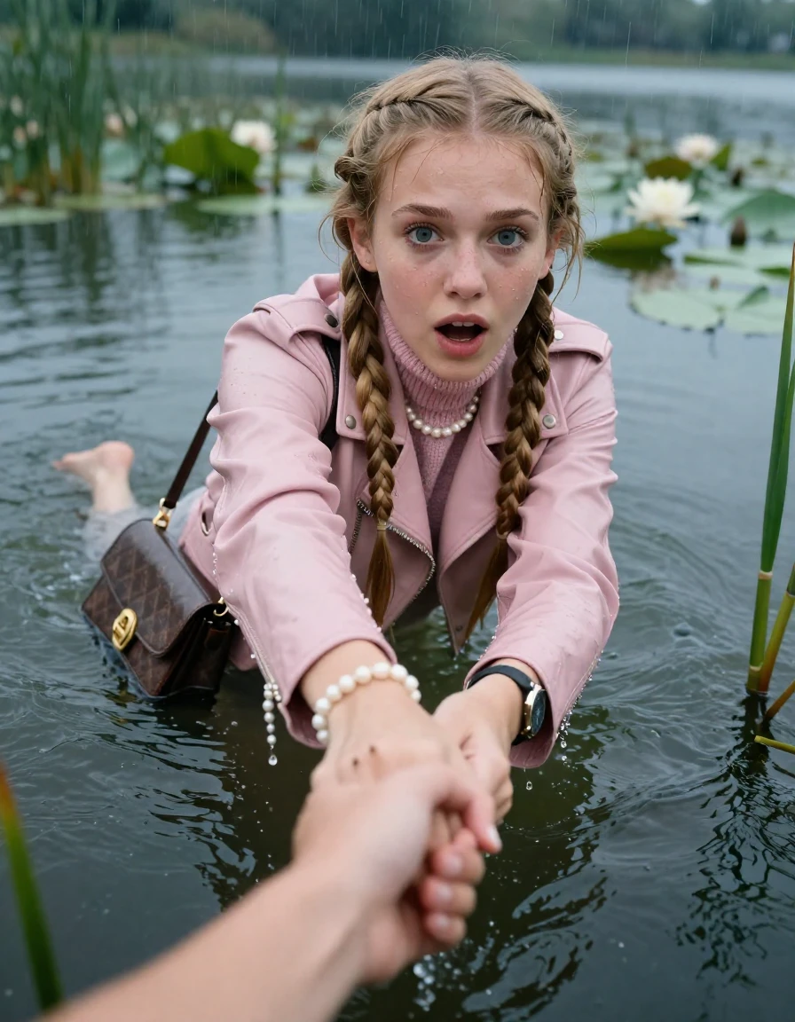 photo of young woman, in soaking wet, drenched clothes,
, , light pink biker leatherjacket,  knit turtleneck sweater, handbag, pearl necklace, bracelet, wristwatch , Climbing  out of a lake with water lilies and reeds, rain , 
enjoying, wet clothes stuck to body,
detailed textures of the wet clothes, wet face, wet plastered hair,
wet, drenched, professional, high-quality details, full body view.
sharp focus, ultra-high pixel detail, realistic, high-quality, full colors, incredibly detailed, 4k, 8k, 16k, hyper-realistic, RAW photo, masterpiece, ultra-detailed, professionally color graded, professional photograph, two blonde sleek long braids

19 years old  teenage girl, afraid and astonished expression.

open mouth, big eyes. hold with her hands the female viewer's hand, pulling them toward the center of the water. Laying her breast and arms on the surface.  Whole body and shoulders are submerged under the surface.

she is completely underwater up to her neck. leaning slightly forewards.

her submerged clothes are hardly vusible under water, she soaked her handbag into the water

close up view, wet skin, wet clothes, wet hair, damp fabric, water runs down the clothes, wet skin, wet clothes, damp fabric, wet skin, wet clothes, damp fabric, wet skin, wet clothes, damp fabric, wet skin, wet clothes, damp fabric, wet skin, wet clothes, damp fabric, wet skin, wet clothes, damp fabric, wet skin, wet clothes, damp fabric, wet skin, wet clothes, damp fabric, wet skin, wet clothes, damp fabric, wet skin, wet clothes, damp fabric, wet skin, wet clothes, damp fabric, wet skin, wet clothes, damp fabric, wet skin, wet clothes, damp fabric, wet skin, wet clothes, damp fabric, wet skin, wet clothes, damp fabric, wet skin, wet clothes, damp fabric, wet skin, wet clothes, damp fabric, wet skin, wet clothes, damp fabric, wet skin, wet clothes, damp fabric