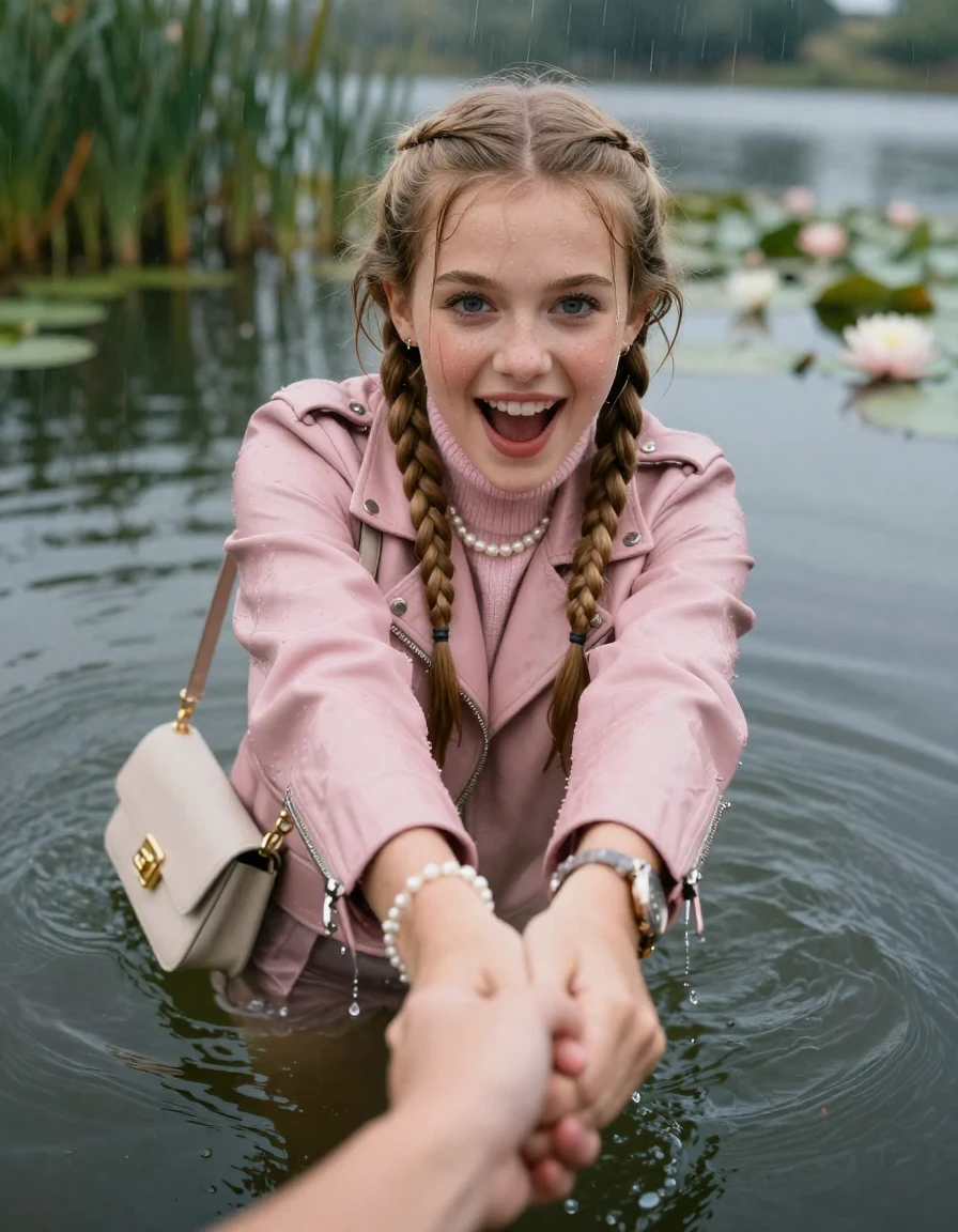 photo of young woman, in soaking wet, drenched clothes,
, , light pink biker leatherjacket,  knit turtleneck sweater, handbag, pearl necklace, bracelet, wristwatch , Emerging after diving in a lake with water lilies and reeds, rain , 
enjoying, wet clothes stuck to body,
detailed textures of the wet clothes, wet face, wet plastered hair,
wet, drenched, professional, high-quality details, full body view.
sharp focus, ultra-high pixel detail, realistic, high-quality, full colors, incredibly detailed, 4k, 8k, 16k, hyper-realistic, RAW photo, masterpiece, ultra-detailed, professionally color graded, professional photograph, two blonde sleek long braids

19 years old  teenage girl, horny and joyful  expression.

open mouth, big eyes. hold with her hands the female viewer's hand, pulling them toward the center of the water. Laying her breast and arms on the surface.  Whole body and shoulders are submerged under the surface.

she is completely underwater up to her neck. leaning slightly forewards.

her submerged clothes are hardly vusible under water, she soaked her handbag into the water

close up view, wet skin, wet clothes, wet hair, damp fabric, water runs down the clothes, wet skin, wet clothes, damp fabric, wet skin, wet clothes, damp fabric, wet skin, wet clothes, damp fabric, wet skin, wet clothes, damp fabric, wet skin, wet clothes, damp fabric, wet skin, wet clothes, damp fabric, wet skin, wet clothes, damp fabric, wet skin, wet clothes, damp fabric, wet skin, wet clothes, damp fabric, wet skin, wet clothes, damp fabric, wet skin, wet clothes, damp fabric, wet skin, wet clothes, damp fabric, wet skin, wet clothes, damp fabric, wet skin, wet clothes, damp fabric, wet skin, wet clothes, damp fabric, wet skin, wet clothes, damp fabric, wet skin, wet clothes, damp fabric, wet skin, wet clothes, damp fabric