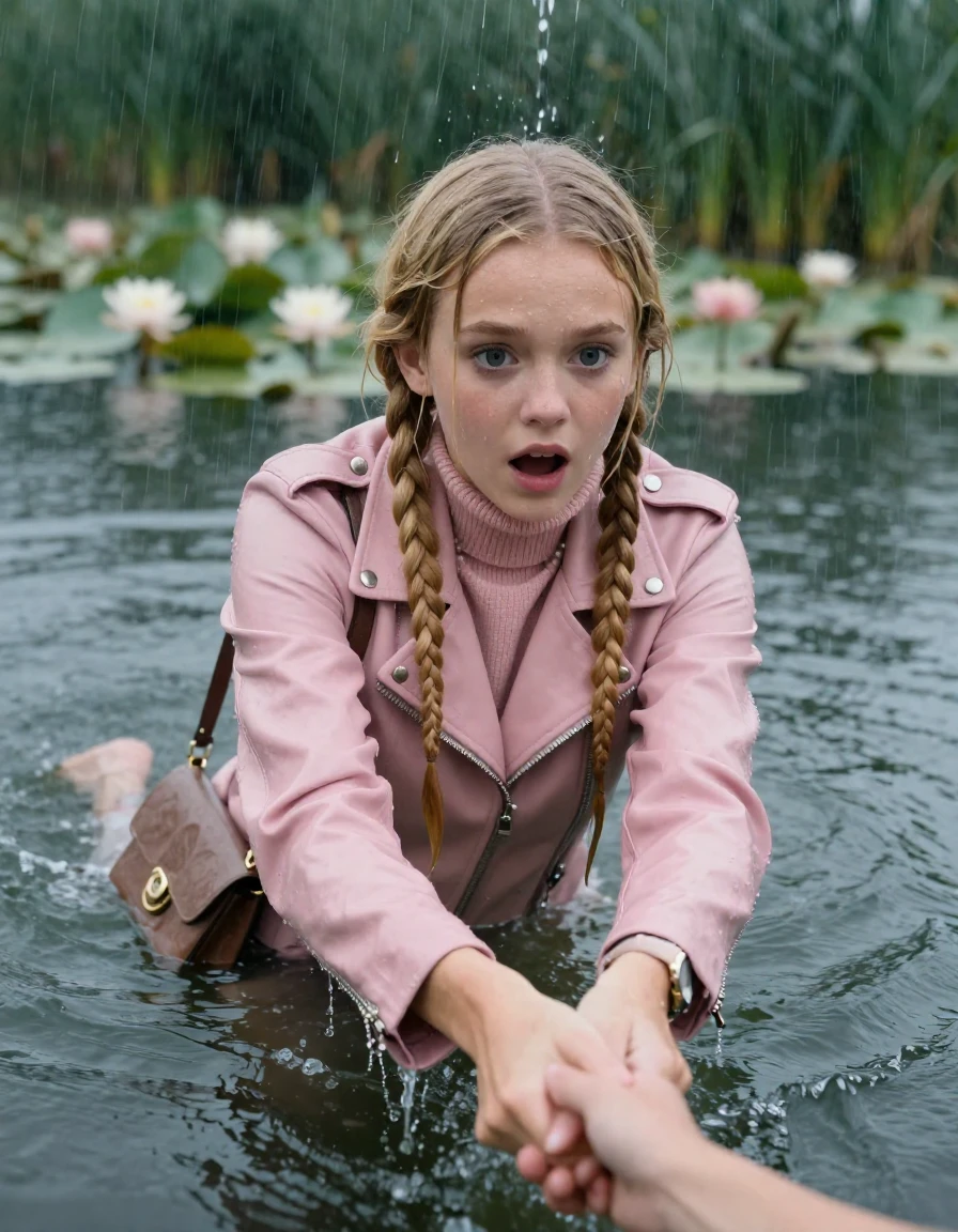 photo of young woman, in soaking wet, drenched clothes,
, , light pink biker leatherjacket,  knit turtleneck sweater, handbag, pearl necklace, bracelet, wristwatch , swimming in a lake with water lilies and reeds,  heavy rainfall, 
enjoying, wet clothes stuck to body,
detailed textures of the wet clothes, wet face, wet plastered hair,
wet, drenched, professional, high-quality details, full body view.
sharp focus, ultra-high pixel detail, realistic, high-quality, full colors, incredibly detailed, 4k, 8k, 16k, hyper-realistic, RAW photo, masterpiece, ultra-detailed, professionally color graded, professional photograph, two blonde sleek long braids

19 years old  teenage girl, afraid and astonished expression.

open mouth, big eyes. hold with her hands the female viewer's hand, pulling them toward the center of the water. Laying her breast and arms on the surface.  Whole body and shoulders are submerged under the surface. directly under the rainfall fully saturating her hair. streams of water flowing over her hair, and down her face and clothes.

she is completely underwater up to her neck. leaning slightly forewards.

her submerged clothes are hardly vusible under water, she soaked her handbag into the water

close up view, wet skin, wet clothes, wet hair, damp fabric, water runs down the clothes, wet skin, wet clothes, damp fabric, wet skin, wet clothes, damp fabric, wet skin, wet clothes, damp fabric, wet skin, wet clothes, damp fabric, wet skin, wet clothes, damp fabric, wet skin, wet clothes, damp fabric, wet skin, wet clothes, damp fabric, wet skin, wet clothes, damp fabric, wet skin, wet clothes, damp fabric, wet skin, wet clothes, damp fabric, wet skin, wet clothes, damp fabric, wet skin, wet clothes, damp fabric, wet skin, wet clothes, damp fabric, wet skin, wet clothes, damp fabric, wet skin, wet clothes, damp fabric, wet skin, wet clothes, damp fabric, wet skin, wet clothes, damp fabric, wet skin, wet clothes, damp fabric, wet skin, wet clothes, damp fabric