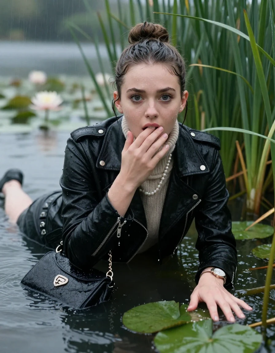 photo of young woman, in soaking wet, drenched clothes,
, , black biker leatherjacket,  knit turtleneck sweater, handbag, pearl necklace, bracelet, wristwatch , Emerging after diving in a lake with water lilies and reeds, rain , 
enjoying, wet clothes stuck to body,
detailed textures of the wet clothes, wet face, wet plastered hair,
wet, drenched, professional, high-quality details, full body view.
sharp focus, ultra-high pixel detail, realistic, high-quality, full colors, incredibly detailed, 4k, 8k, 16k, hyper-realistic, RAW photo, masterpiece, ultra-detailed, professionally color graded, professional photograph, Sleek bun 

19 years old  teenage girl

open mouth, big eyes. 0ne hand over mouth, one hand under water. Laying her breast and arms on the surface.  Whole body and shoulders are submerged under the surface. Looking at camera.

she is completely underwater up to her neck, afraid and astonished expression.

She hides in the reeds and is surprised by spectators

her submerged clothes are hardly vusible under water, she soaked her handbag into the water

close up view, wet skin, wet clothes, wet hair, damp fabric, water runs down the clothes, wet skin, wet clothes, damp fabric, wet skin, wet clothes, damp fabric, wet skin, wet clothes, damp fabric, wet skin, wet clothes, damp fabric, wet skin, wet clothes, damp fabric, wet skin, wet clothes, damp fabric, wet skin, wet clothes, damp fabric, wet skin, wet clothes, damp fabric, wet skin, wet clothes, damp fabric, wet skin, wet clothes, damp fabric, wet skin, wet clothes, damp fabric, wet skin, wet clothes, damp fabric, wet skin, wet clothes, damp fabric, wet skin, wet clothes, damp fabric, wet skin, wet clothes, damp fabric, wet skin, wet clothes, damp fabric, wet skin, wet clothes, damp fabric