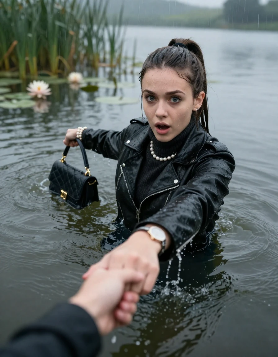 photo of young woman, in soaking wet, drenched clothes,
, , black biker leatherjacket,  knit turtleneck sweater, handbag, pearl necklace, bracelet, wristwatch , Emerging after diving in a lake with water lilies and reeds, rain , 
enjoying, wet clothes stuck to body,
detailed textures of the wet clothes, wet face, wet plastered hair,
wet, drenched, professional, high-quality details, full body view.
sharp focus, ultra-high pixel detail, realistic, high-quality, full colors, incredibly detailed, 4k, 8k, 16k, hyper-realistic, RAW photo, masterpiece, ultra-detailed, professionally color graded, professional photograph, brunette Sleek long ponytail with hairband

19 years old  teenage girl, stupified shocked expression.

open mouth, big eyes. hold with her hands the female viewer's hand, pulling them toward the center of the water. Laying her breast and arms on the surface.  Whole body and shoulders are submerged under the surface.

she is completely underwater up to her neck and is in danger of drowning.

her submerged clothes are hardly vusible under water, she soaked her handbag into the water

close up view, wet skin, wet clothes, wet hair, damp fabric, water runs down the clothes, wet skin, wet clothes, damp fabric, wet skin, wet clothes, damp fabric, wet skin, wet clothes, damp fabric, wet skin, wet clothes, damp fabric, wet skin, wet clothes, damp fabric, wet skin, wet clothes, damp fabric, wet skin, wet clothes, damp fabric, wet skin, wet clothes, damp fabric, wet skin, wet clothes, damp fabric, wet skin, wet clothes, damp fabric, wet skin, wet clothes, damp fabric, wet skin, wet clothes, damp fabric, wet skin, wet clothes, damp fabric, wet skin, wet clothes, damp fabric, wet skin, wet clothes, damp fabric, wet skin, wet clothes, damp fabric, wet skin, wet clothes, damp fabric, wet skin, wet clothes, damp fabric