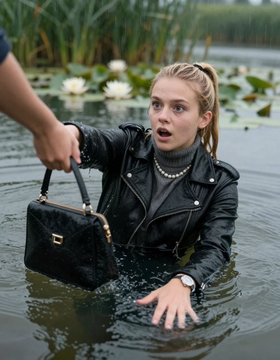 photo of young woman, in soaking wet, drenched clothes,
, , black biker leatherjacket,  knit turtleneck sweater, handbag, pearl necklace, bracelet, wristwatch , Emerging after diving in a lake with water lilies and reeds, rain , 
enjoying, wet clothes stuck to body,
detailed textures of the wet clothes, wet face, wet plastered hair,
wet, drenched, professional, high-quality details, full body view.
sharp focus, ultra-high pixel detail, realistic, high-quality, full colors, incredibly detailed, 4k, 8k, 16k, hyper-realistic, RAW photo, masterpiece, ultra-detailed, professionally color graded, professional photograph, blonde Sleek long ponytail with hairband

19 years old  teenage girl, stupified shocked expression.

open mouth, big eyes. hold with her hands the female viewer's hand, pulling them toward the center of the water. Laying her breast and arms on the surface.  Whole body and shoulders are submerged under the surface.

she is completely underwater up to her neck and is in danger of drowning.

her submerged clothes are hardly vusible under water, she soaked her handbag into the water

close up view, wet skin, wet clothes, wet hair, damp fabric, water runs down the clothes, wet skin, wet clothes, damp fabric, wet skin, wet clothes, damp fabric, wet skin, wet clothes, damp fabric, wet skin, wet clothes, damp fabric, wet skin, wet clothes, damp fabric, wet skin, wet clothes, damp fabric, wet skin, wet clothes, damp fabric, wet skin, wet clothes, damp fabric, wet skin, wet clothes, damp fabric, wet skin, wet clothes, damp fabric, wet skin, wet clothes, damp fabric, wet skin, wet clothes, damp fabric, wet skin, wet clothes, damp fabric, wet skin, wet clothes, damp fabric, wet skin, wet clothes, damp fabric, wet skin, wet clothes, damp fabric, wet skin, wet clothes, damp fabric, wet skin, wet clothes, damp fabric