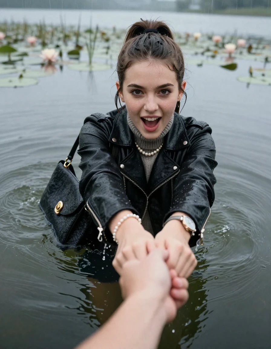 photo of young woman, in soaking wet, drenched clothes,
, , black biker leatherjacket,  knit turtleneck sweater, handbag, pearl necklace, bracelet, wristwatch , Emerging after diving in a lake with water lilies and reeds, rain , 
enjoying, wet clothes stuck to body,
detailed textures of the wet clothes, wet face, wet plastered hair,
wet, drenched, professional, high-quality details, full body view.
sharp focus, ultra-high pixel detail, realistic, high-quality, full colors, incredibly detailed, 4k, 8k, 16k, hyper-realistic, RAW photo, masterpiece, ultra-detailed, professionally color graded, professional photograph, brunette Sleek long ponytail with hairband

19 years old  teenage girl, horny and joyful  expression.

open mouth, big eyes. hold with her hands the female viewer's hand, pulling them toward the center of the water. Laying her breast and arms on the surface.  Whole body and shoulders are submerged under the surface.

she is completely underwater up to her neck and is in danger of drowning.

her submerged clothes are hardly vusible under water, she soaked her handbag into the water

close up view, wet skin, wet clothes, wet hair, damp fabric, water runs down the clothes, wet skin, wet clothes, damp fabric, wet skin, wet clothes, damp fabric, wet skin, wet clothes, damp fabric, wet skin, wet clothes, damp fabric, wet skin, wet clothes, damp fabric, wet skin, wet clothes, damp fabric, wet skin, wet clothes, damp fabric, wet skin, wet clothes, damp fabric, wet skin, wet clothes, damp fabric, wet skin, wet clothes, damp fabric, wet skin, wet clothes, damp fabric, wet skin, wet clothes, damp fabric, wet skin, wet clothes, damp fabric, wet skin, wet clothes, damp fabric, wet skin, wet clothes, damp fabric, wet skin, wet clothes, damp fabric, wet skin, wet clothes, damp fabric, wet skin, wet clothes, damp fabric