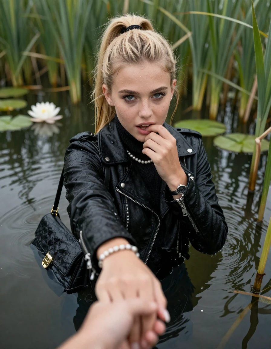 photo of young woman, in soaking wet, drenched clothes,
, , black biker leatherjacket,  knit turtleneck sweater, handbag, pearl necklace, bracelet, wristwatch , Emerging after diving in a lake with water lilies and reeds, 
enjoying, wet clothes stuck to body,
detailed textures of the wet clothes, wet face, wet plastered hair,
wet, drenched, professional, high-quality details, full body view.
sharp focus, ultra-high pixel detail, realistic, high-quality, full colors, incredibly detailed, 4k, 8k, 16k, hyper-realistic, RAW photo, masterpiece, ultra-detailed, professionally color graded, professional photograph, blonde Sleek long ponytail with hairband

15 years old  teenage girl

open mouth, big eyes. 0ne hand with a finger inside her mouth, hold with the other the viewer's hand, pulling them toward the center of the water. Laying her breast and arms on the surface.  Whole body and shoulders are submerged under the surface. Looking at camera.

she is completely underwater up to her neck,  horny and sexuell aroused expression.

She hides in the reeds.

her submerged clothes are hardly vusible under water, she soaked her handbag into the water

close up view, wet skin, wet clothes, wet hair, damp fabric, water runs down the clothes, wet skin, wet clothes, damp fabric, wet skin, wet clothes, damp fabric, wet skin, wet clothes, damp fabric, wet skin, wet clothes, damp fabric, wet skin, wet clothes, damp fabric, wet skin, wet clothes, damp fabric, wet skin, wet clothes, damp fabric, wet skin, wet clothes, damp fabric, wet skin, wet clothes, damp fabric, wet skin, wet clothes, damp fabric, wet skin, wet clothes, damp fabric, wet skin, wet clothes, damp fabric, wet skin, wet clothes, damp fabric, wet skin, wet clothes, damp fabric, wet skin, wet clothes, damp fabric, wet skin, wet clothes, damp fabric, wet skin, wet clothes, damp fabric, wet skin, wet clothes, damp fabric, wet skin, wet clothes, damp fabric