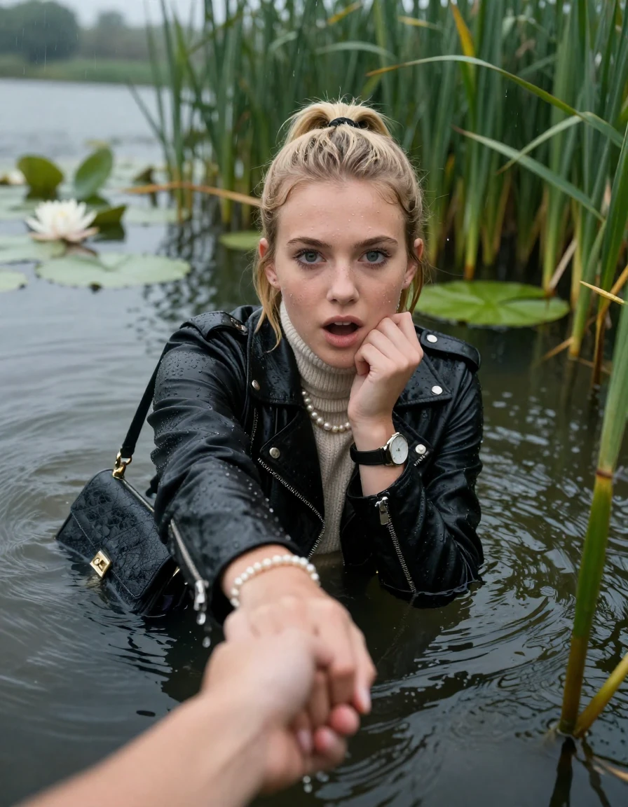 photo of young woman, in soaking wet, drenched clothes,
, , black biker leatherjacket,  knit turtleneck sweater, handbag, pearl necklace, bracelet, wristwatch , Emerging after diving in a lake with water lilies and reeds, rain , 
enjoying, wet clothes stuck to body,
detailed textures of the wet clothes, wet face, wet plastered hair,
wet, drenched, professional, high-quality details, full body view.
sharp focus, ultra-high pixel detail, realistic, high-quality, full colors, incredibly detailed, 4k, 8k, 16k, hyper-realistic, RAW photo, masterpiece, ultra-detailed, professionally color graded, professional photograph, blonde Sleek long ponytail with hairband

19 years old  teenage girl

open mouth, big eyes. 0ne hand on chin, hold with the other the viewer's hand, pulling them toward the center of the water. Laying her breast and arms on the surface.  Whole body and shoulders are submerged under the surface. Looking at camera.

she is completely underwater up to her neck,  stupified shocked expression.

She hides in the reeds and is surprised by spectators

her submerged clothes are hardly vusible under water, she soaked her handbag into the water

close up view, wet skin, wet clothes, wet hair, damp fabric, water runs down the clothes, wet skin, wet clothes, damp fabric, wet skin, wet clothes, damp fabric, wet skin, wet clothes, damp fabric, wet skin, wet clothes, damp fabric, wet skin, wet clothes, damp fabric, wet skin, wet clothes, damp fabric, wet skin, wet clothes, damp fabric, wet skin, wet clothes, damp fabric, wet skin, wet clothes, damp fabric, wet skin, wet clothes, damp fabric, wet skin, wet clothes, damp fabric, wet skin, wet clothes, damp fabric, wet skin, wet clothes, damp fabric, wet skin, wet clothes, damp fabric, wet skin, wet clothes, damp fabric, wet skin, wet clothes, damp fabric, wet skin, wet clothes, damp fabric, wet skin, wet clothes, damp fabric